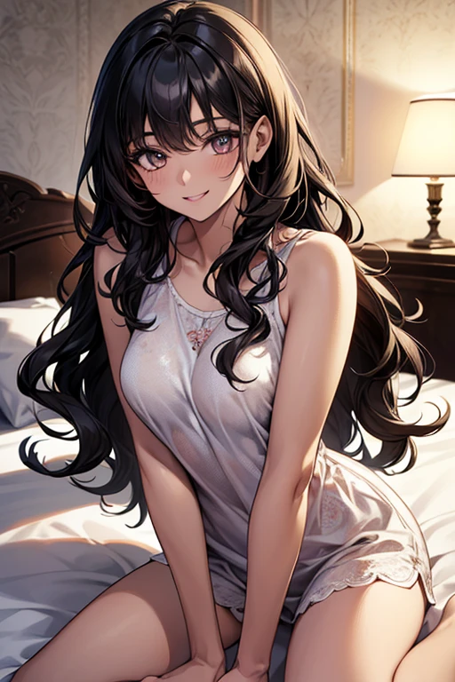 masterpiece, best quality, 32k, incredibly absurdres, extremely detailed, delicate texture, beauty, 1 woman, wholesome girl, 21 years old, perfect anatomy, black hair, honey skin color, pretty eyes, black wavy hair, pijama, sleepover vibes, room background, in bed, pretty smile, eyes smiling,