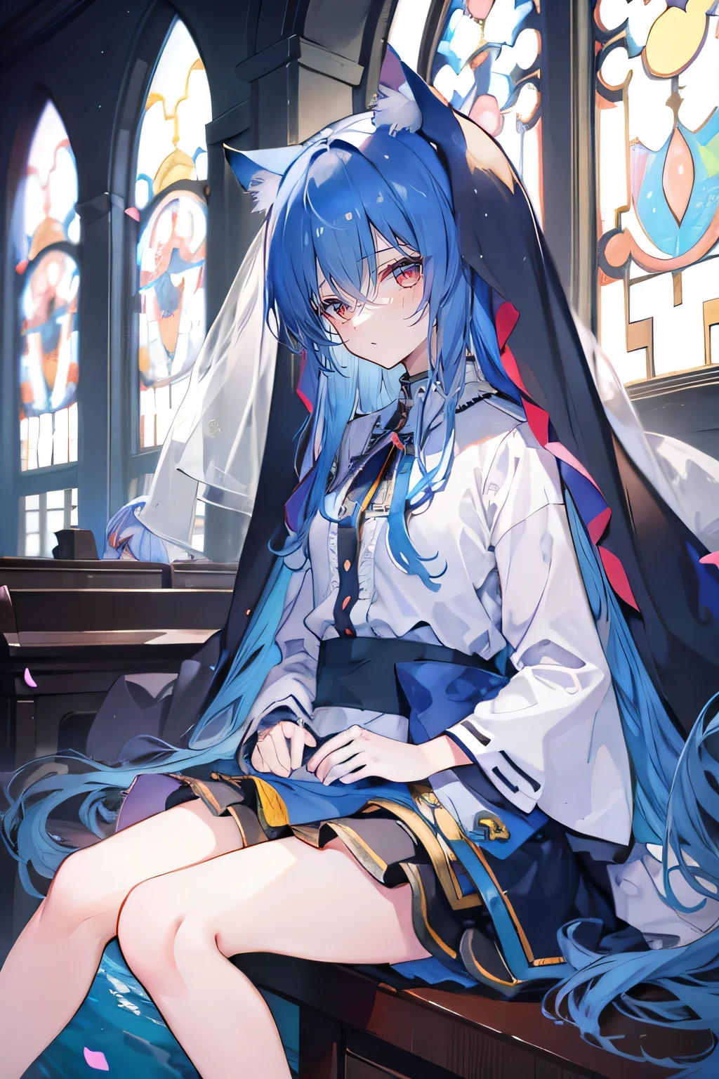 (masterpiece:1.2),Extremely detailed,Practical,expressive eyes,Fair skin,Perfect face shaping,1 Girl,
Japanese cartoons,Gorgeous blue hair, the long flowing blue hair,Floating clothes,Cat ears,Petals fall,beautiful lola,Young Angel,
Place your hands on your waist,sit elegantly on the ground,Cross your legs,Gentle and peaceful background,stately church,nun,lie on the water.
