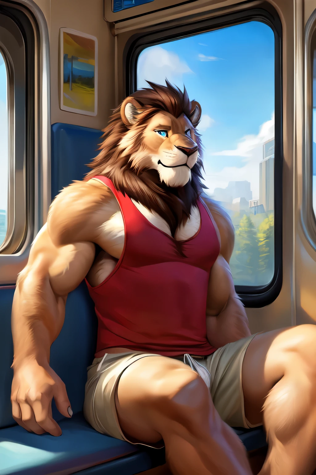 Masterpiece, high quality, absurd resolution, digital painting \ (artwork \), by chunie, takemoto arashi, (fluffy fur, fur, full body fur,). Adult man, muscular furry lion, brown hair, tank top, blue eyes, shorts, sandals, bright eyes, panorama, character focus. Detailed background, sitting next to the window, inside train, looking outside the window, listening to music (red tank top, neutral face, loose clothes: 1.2)