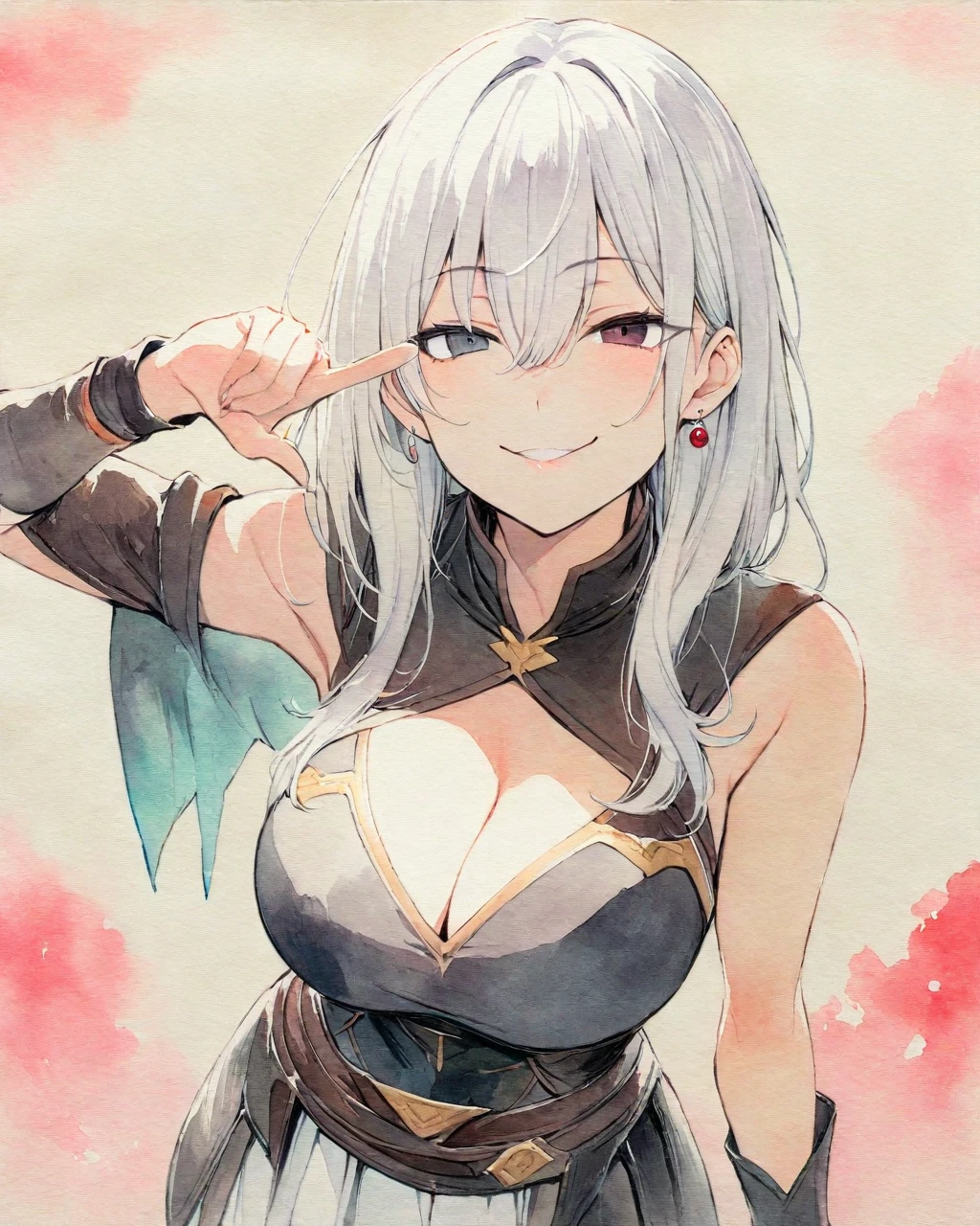 masterpiece, Best quality, watercolor (medium), 1girl, breast, solo, One-sided long sideburns, Cleavage, Black and white hair, Black eyes, Heterochromia, earrings, Bangs, jewelry, skirt, Bare shoulders, sleeveless, Hair between the eyes, 单Scapula, looking at the audience, Photo poses, Right index finger poking the cheek, Five fingers, large breast, armor, shoulder armor, sleeveless skirt, Upper Body, Single sleeve, white skirt, Scapula, Devil smile