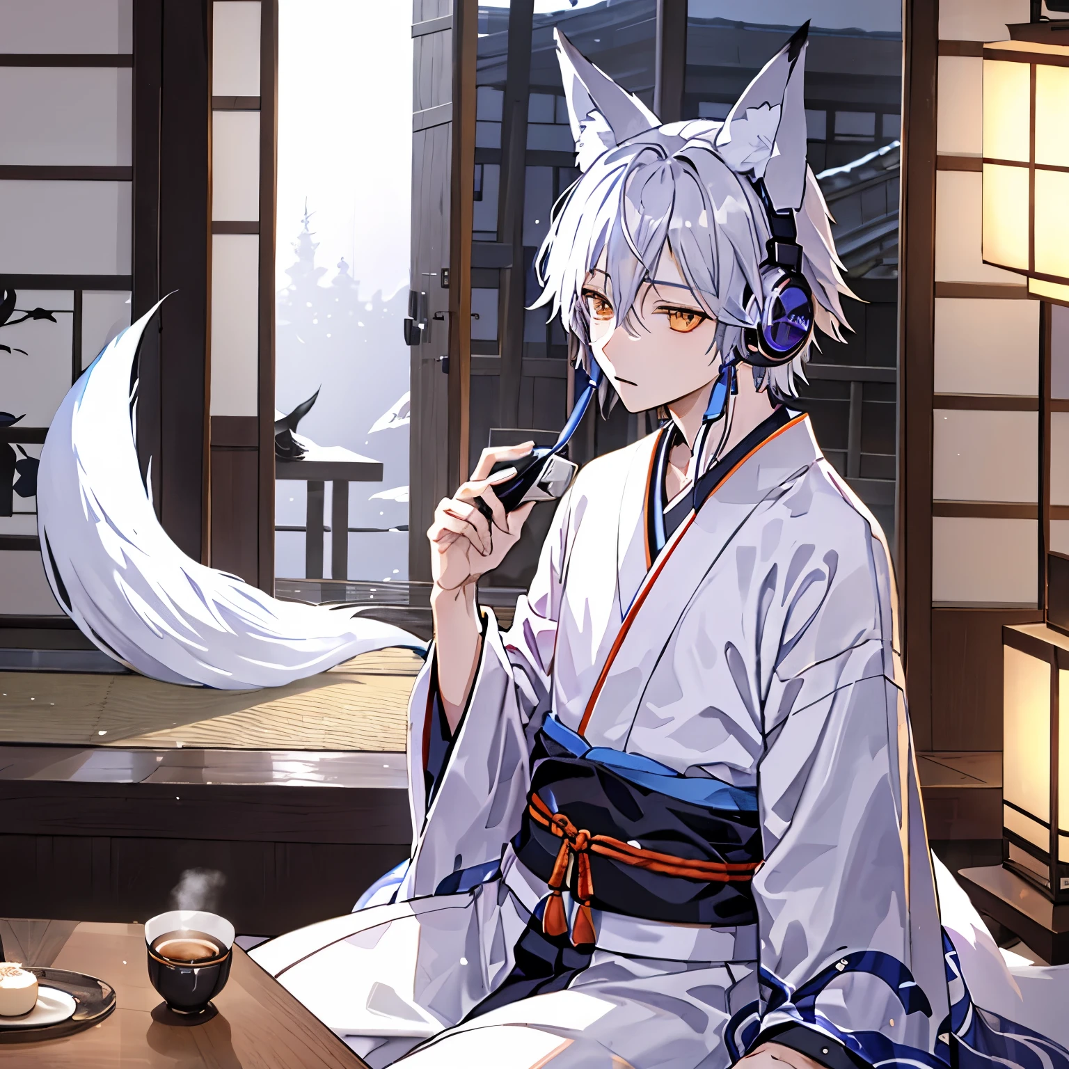 one person、handsome、Listening to music with headphones in a traditional Japanese cafe、one person、((male))、((Fox ears))、Silver Hair、Fox ears、Fox's Tail、kimono、Japan、lo-fi