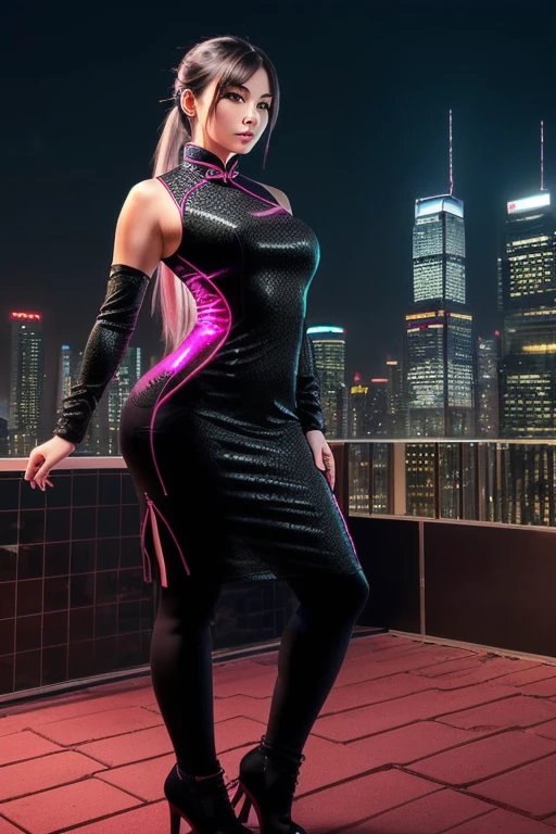 Anime, (artwork in best quality, ultra-detailed and high contrast, dynamic shading and intricate lines), 1 woman (Alone, full body, plus size body, standing confidently on the edge of a towering skyscraper, long silver hair tied in a ponytail that flows in the wind, red eyes with perfect ruby sparkles illuminating her face, simple black qipao accentuating her curves, black cybernetics with neon pink accents enhancing her unique style), (on the roof of the skyscraper, overlooking a vibrant cityscape bathed in the soft glow of night time, detailed background with low light pollution revealing a maze of
