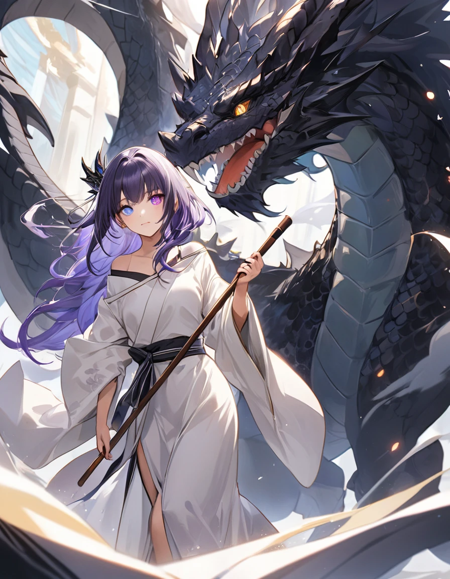 ((One black dragon with one cryptically girl)), ((No other subjects are depicted)), Detailed and mysterious, (The girl、Wearing an off-the-shoulder kimono、Holding a fine walking stick), White-purple gradient hair, Heterochromia iridis, ((The dragon is、He brings his handsome and brave face close to the girl&#39;s.、Protecting the girl with his whole body)), aesthetic, Traditional, Fantasy, BREAK Strict and mysterious expression, Engage your audience, Perfect dynamic composition and perspective, from above, SW cryptical girl, 