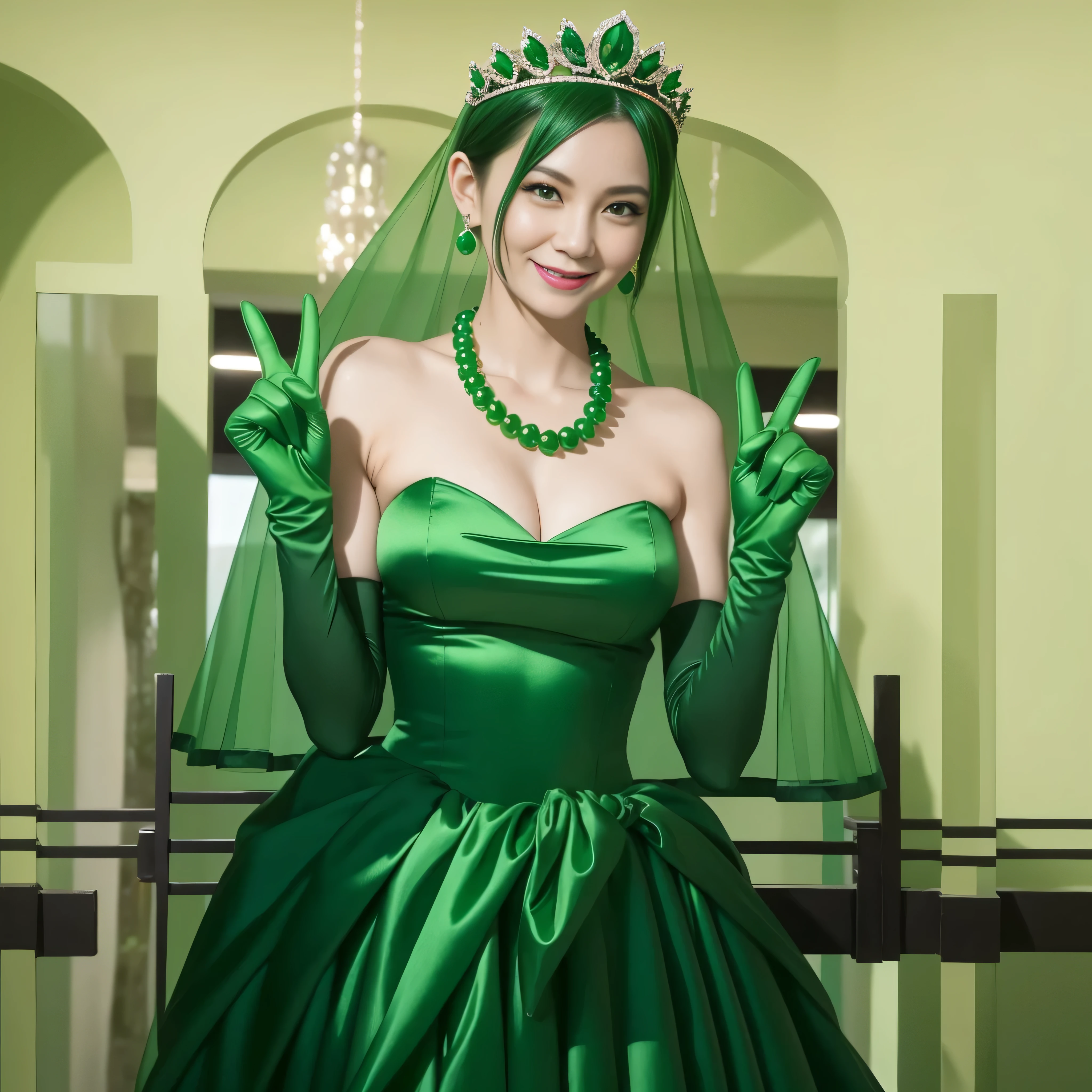 Emerald tiara, Green Pearl Necklace, Boyish very short green hair, lipstick, Smiling Japanese woman in her 30s, Very short hair, Big and beautiful, Green Eyes, Long green satin gloves, Big Breasts, V sign, Emerald Earrings, Green veil