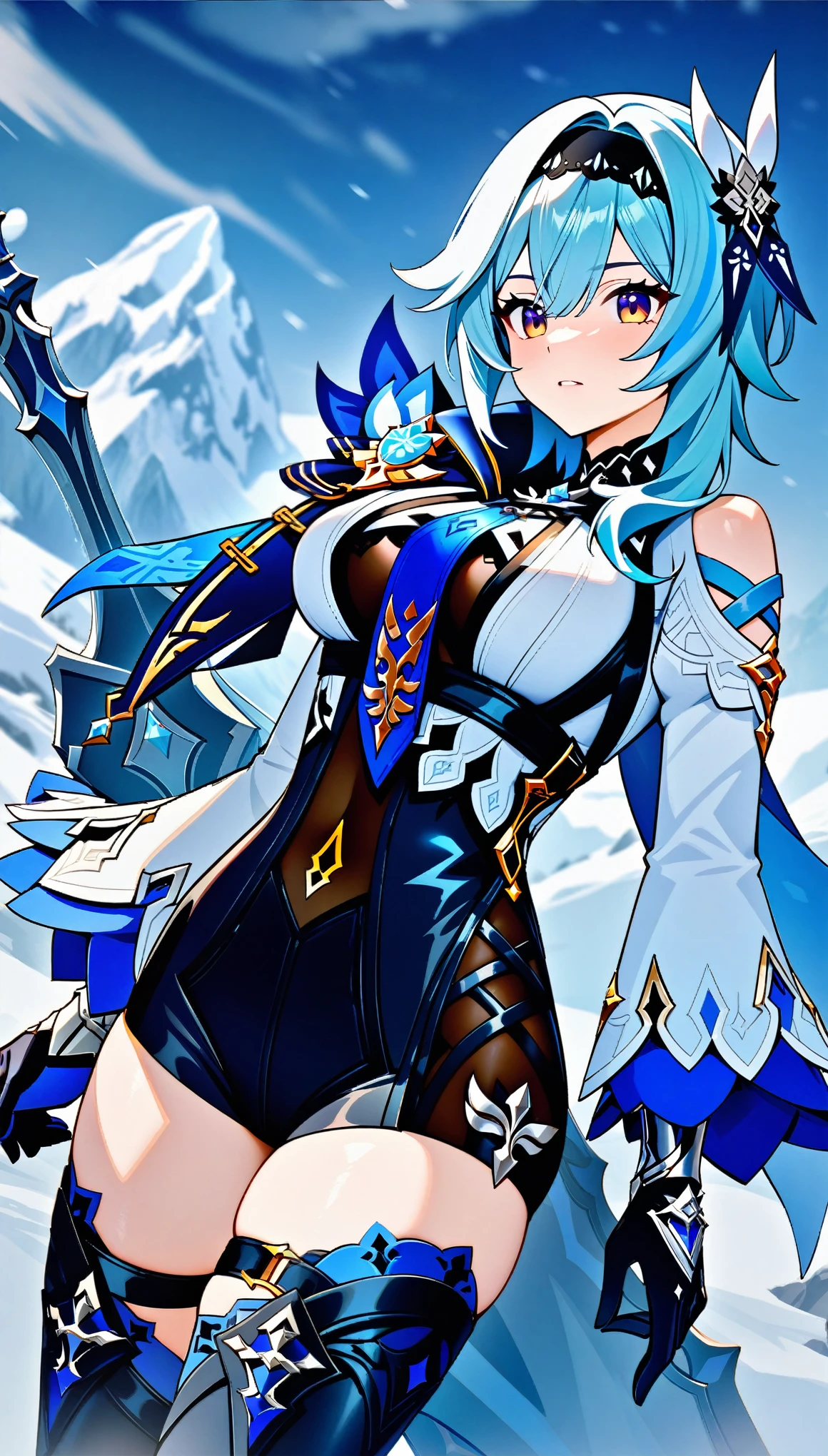 masterpiece, best quality, very aesthetic, absurdres, newest, cowboy_shot, 
eula_(genshin_impact), genshin_impact, 1girl, belt, black_gloves, black_hairband, black_leotard, black_thighhighs, blue_cape, blue_hair, breasts, brown_eyes, cape, gloves, greatsword, hair_ornament, hairband, large_breasts, leotard, long_sleeves,medium_hair, necktie, shirt, sidelocks, thighhighs, thighs, underbust,white_shirt,  In the snowy mountains