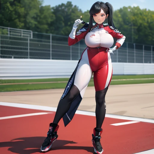 A woman wearing a tight race queen uniform, exposed abdomen, large breasts, white with red details,  full body, long black hair, pigtails, burgundy eyes, white gloves, race car in the background, standing on a race track, racing car long-distance running, very detailed, ultra defined, high quality, well defined, masterpiece (solo woman)
