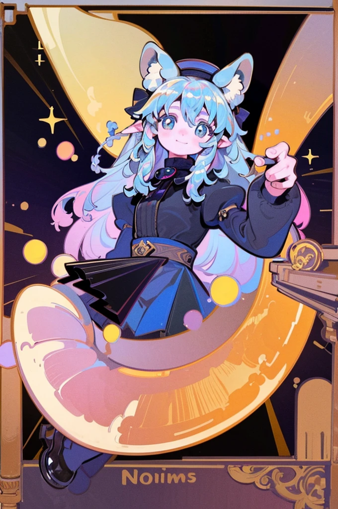 masterpiece, best quality, extremely detailed, detailed background, detailed face, smiling, (dynamic pose), parted bangs, 1girl, faun, long hair, white background, magical dress, full body, very long hair, simple background, Grimoire, bow, braid, hair bow, looking at viewer, standing, (majestic pose), hair ornament, long sleeves, pink dress, black footwear, green bow, shiny hair, animal ears, hat, brown eyes, love letter, holding Grimoire, iridescent hair, digital art, masterpiece, 最high quality, super detailed, high quality, 4K, Style by NTY, profound themes of philosophy. The artwork showcases the influence of Alphonse Mucha's iconic style 