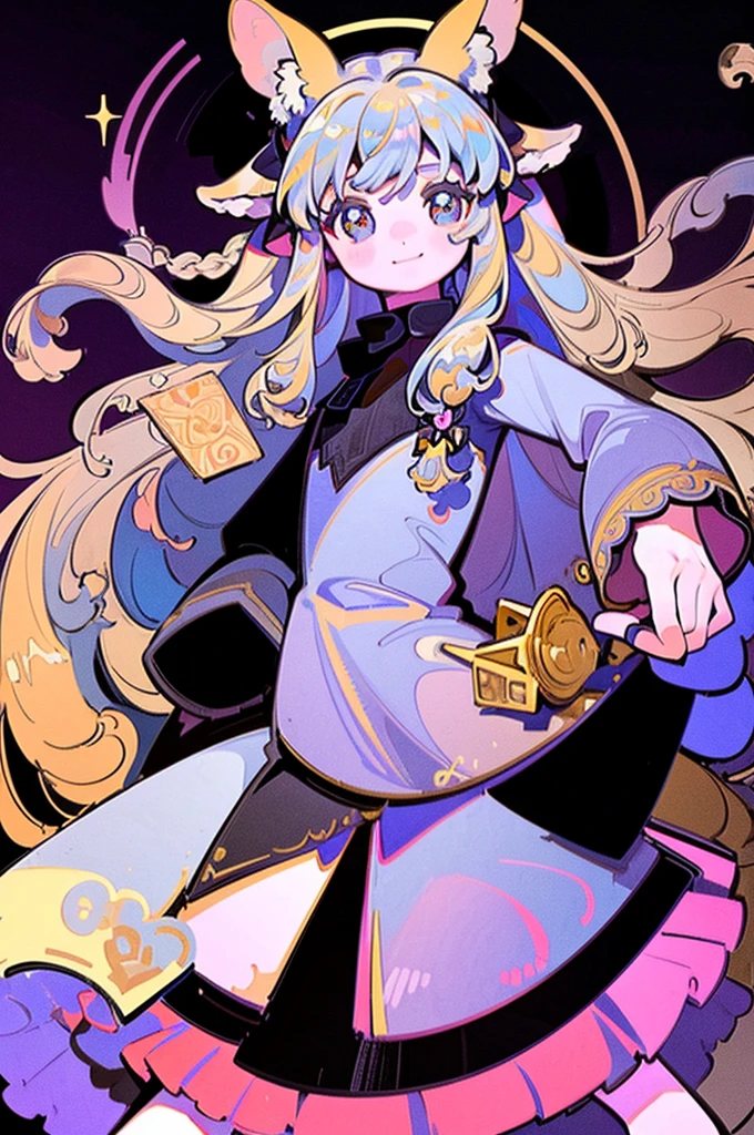 masterpiece, best quality, extremely detailed, detailed background, detailed face, smiling, (dynamic pose), parted bangs, 1girl, faun, long hair, white background, magical dress, full body, very long hair, simple background, Grimoire, bow, braid, hair bow, looking at viewer, standing, (majestic pose), hair ornament, long sleeves, pink dress, black footwear, green bow, shiny hair, animal ears, hat, brown eyes, love letter, holding Grimoire, iridescent hair, digital art, masterpiece, 最high quality, super detailed, high quality, 4K, Style by NTY, profound themes of philosophy. The artwork showcases the influence of Alphonse Mucha's iconic style