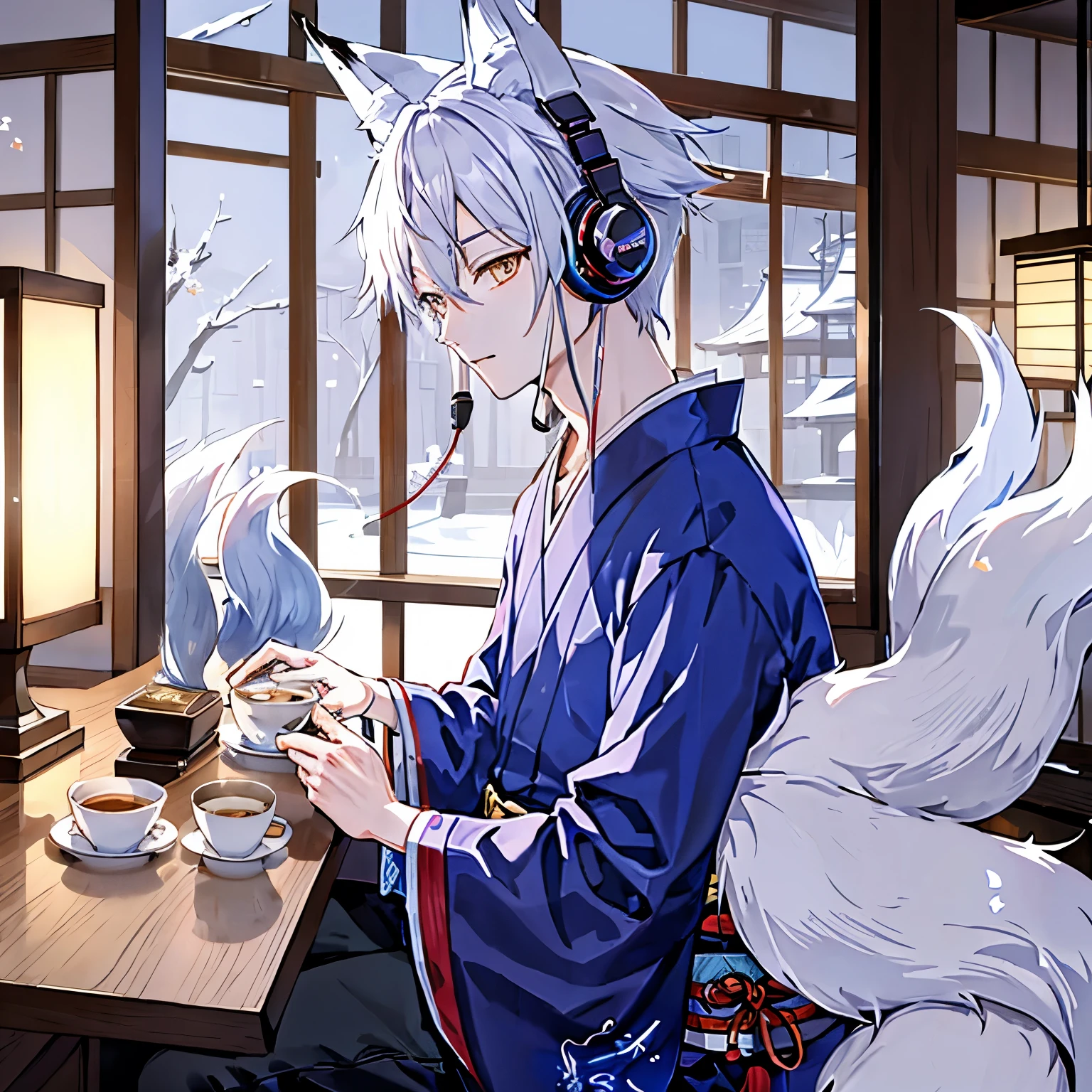 one person、handsome、Listening to music with headphones in a traditional Japanese cafe、one person、((male))、((Fox ears))、Silver Hair、Fox ears、Fox's Tail、kimono、Japan、lo-fi