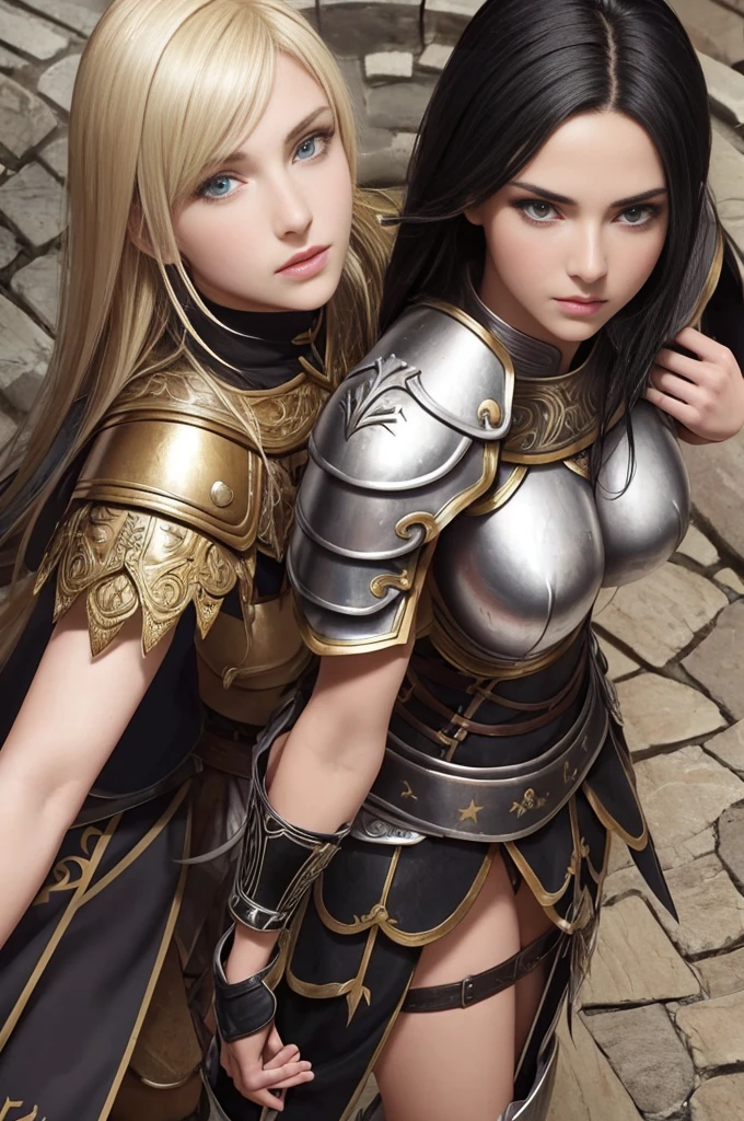 german woman, catholics,  , black hair,blondes perfect face, detailed face, warriors roman, using sexy armor , soft lesbians, sexy, full body