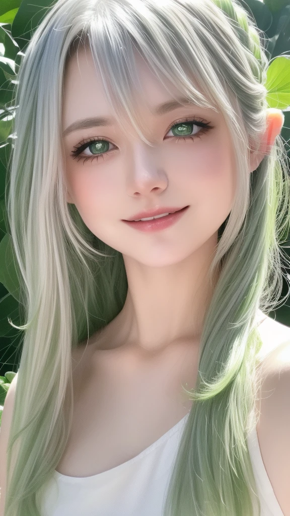 masterpiece, Best Quality, hight resolution, portlate, (((detail portrayal, 8K resolution))), (((Beautiful face drawn in detail))), thin body, slender line, slender body, No makeup, no makeup, natural makeup, Smirking expression, Solo, bright light green eyes, ((Beautiful silky silver hair)), plein air, Lake Lotus