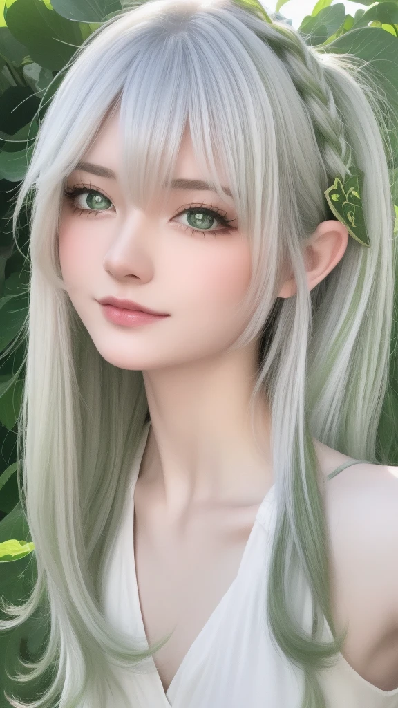 masterpiece, Best Quality, hight resolution, portlate, (((detail portrayal, 8K resolution))), (((Beautiful face drawn in detail))), thin body, slender line, slender body, No makeup, no makeup, natural makeup, Smirking expression, Solo, bright light green eyes, ((Beautiful silky silver hair)), plein air, Lake Lotus