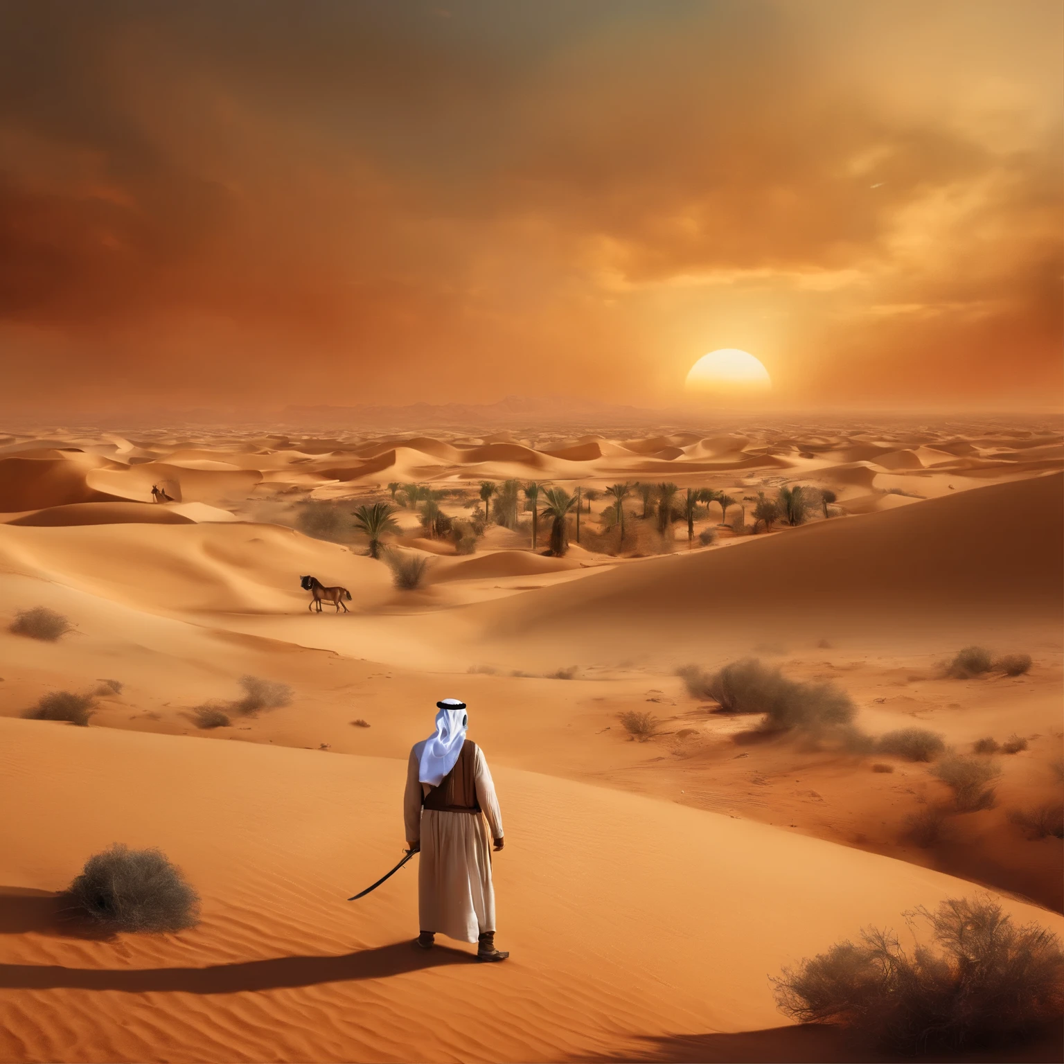 Arab world war vs Israel, Satan, desert, bloody knife, caricature