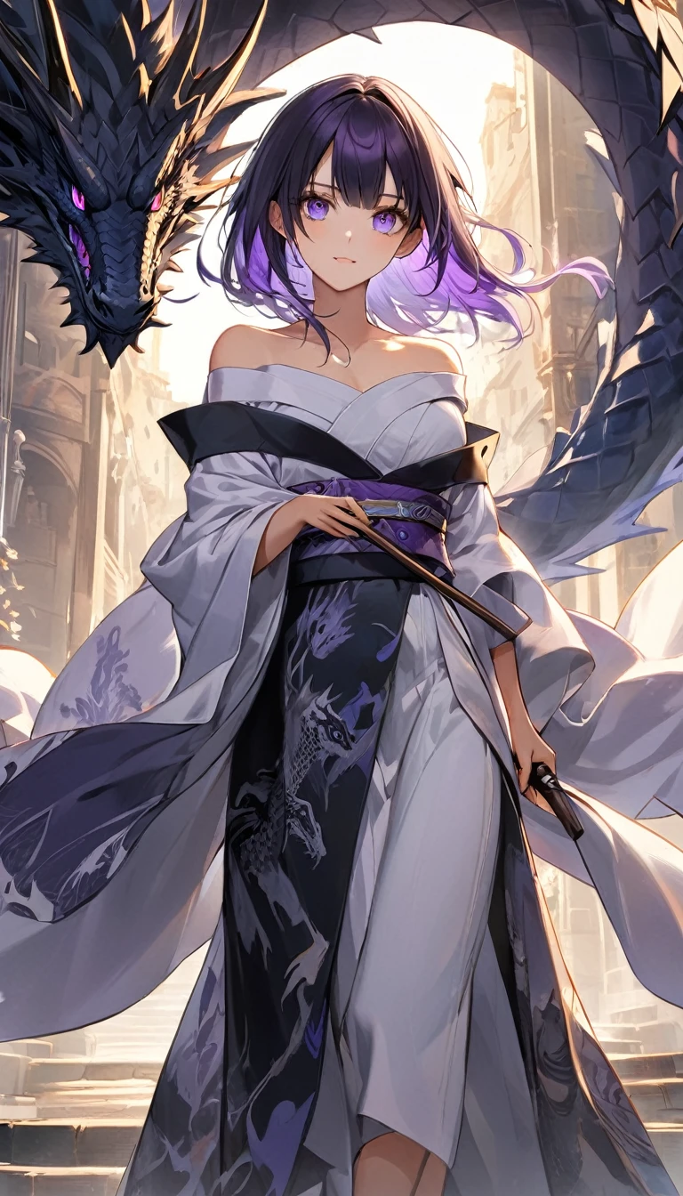 ((One black dragon with one cryptically girl)), ((No other subjects are depicted)), Detailed and mysterious, (The girl、Wearing an off-the-shoulder kimono、Holding a fine walking stick), White-purple gradient hair, Heterochromia iridis, ((The dragon is、He brings his handsome and brave face close to the girl&#39;s.、Protecting the girl with his whole body)), aesthetic, Traditional, Fantasy, BREAK Strict and mysterious expression, Engage your audience, Perfect dynamic composition and perspective, from above, SW cryptical girl, 