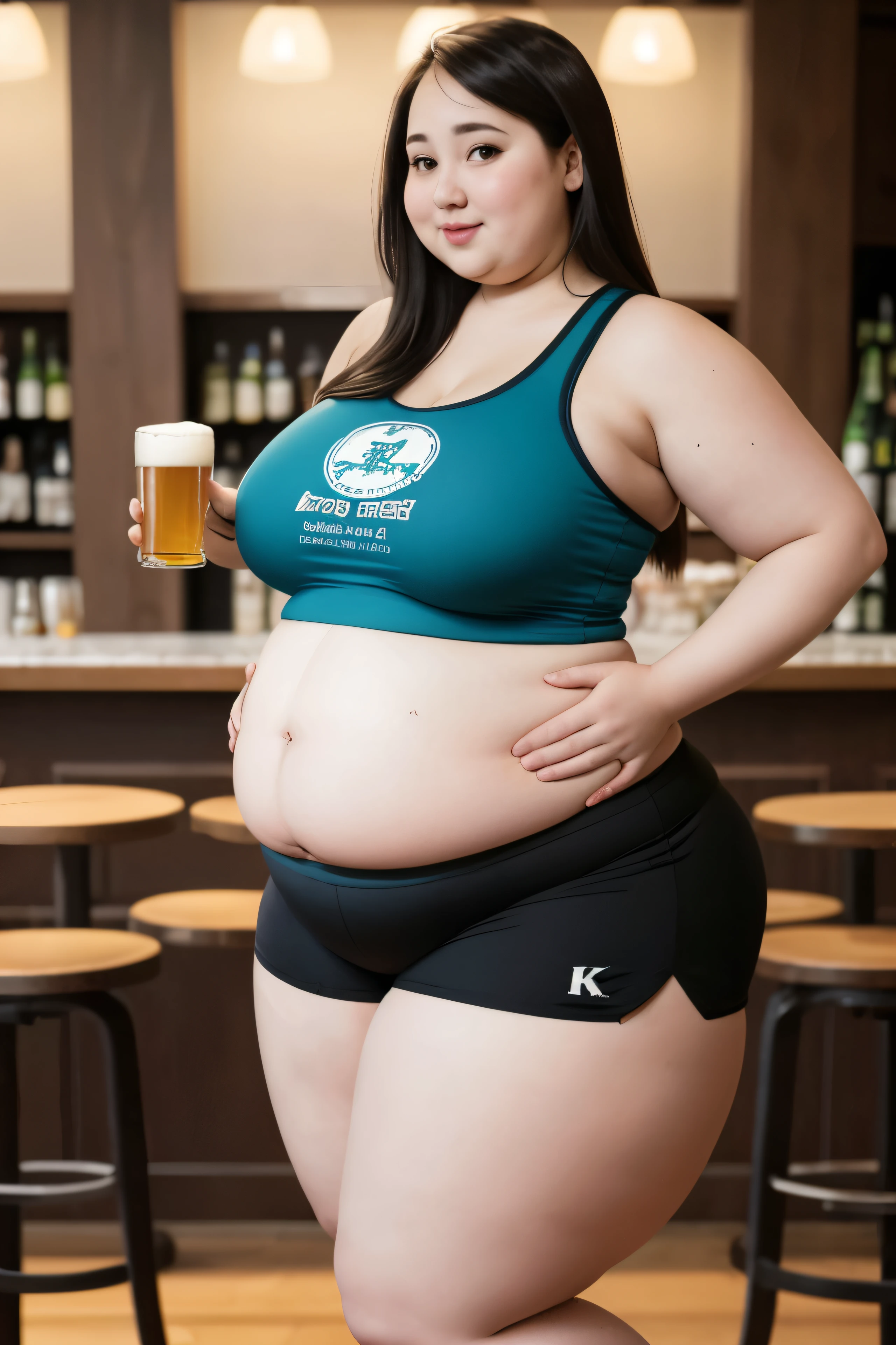 Huge belly woman with a tank top and tight shorts so that the gut spills out of her tight shorts, Make her clothes smaller and tighter, Fat belly
Make her eat 100000 calories, Tighter clothes, More fat and chubby belly, Make her weight 500lbs, Make her belly rounder, Make her hands and thighs fatter, Make her fatter, Make her , bigger and tighter with a k cup bra, Make her drink a lot of beer, Make her gut bloated with beer, Make her hips wider, Make her belly bigger, Bigger belly, Wider belly, bigger , fatter gut, chubby belly, more fat belly, tighter clothes than before 
Fatter than before, shorter height, wider belly, bigger hips, bouncy , fatter bigger belly
