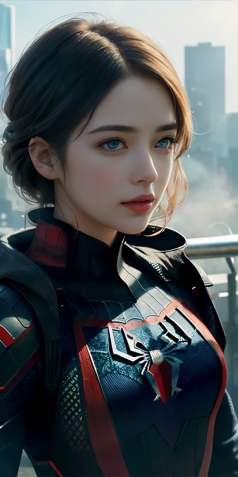 (1girl:1.3), Solo, (((Very detailed face)))), ((Very detailed eyes and face)))), Beautiful detail eyes, Body parts__, Official art, Unified 8k wallpaper, Super detailed, beautiful and beautiful, beautiful, masterpiece, best quality, original, masterpiece, super fine photo, best quality, super high resolution, realistic realism, sunlight, full body portrait, amazing beauty, dynamic pose, delicate face, vibrant eyes, (from the front), She wears Spider-Man suit, red and black color scheme, spider, very detailed city roof background, rooftop, overlooking the city, detailed face, detailed complex busy background, messy, gorgeous, milky white, highly detailed skin, realistic skin details, visible pores, clear focus, volumetric fog, 8k uhd, DSLR, high quality, film grain, fair skin, photo realism, lomography, futuristic dystopian megalopolis, translucent