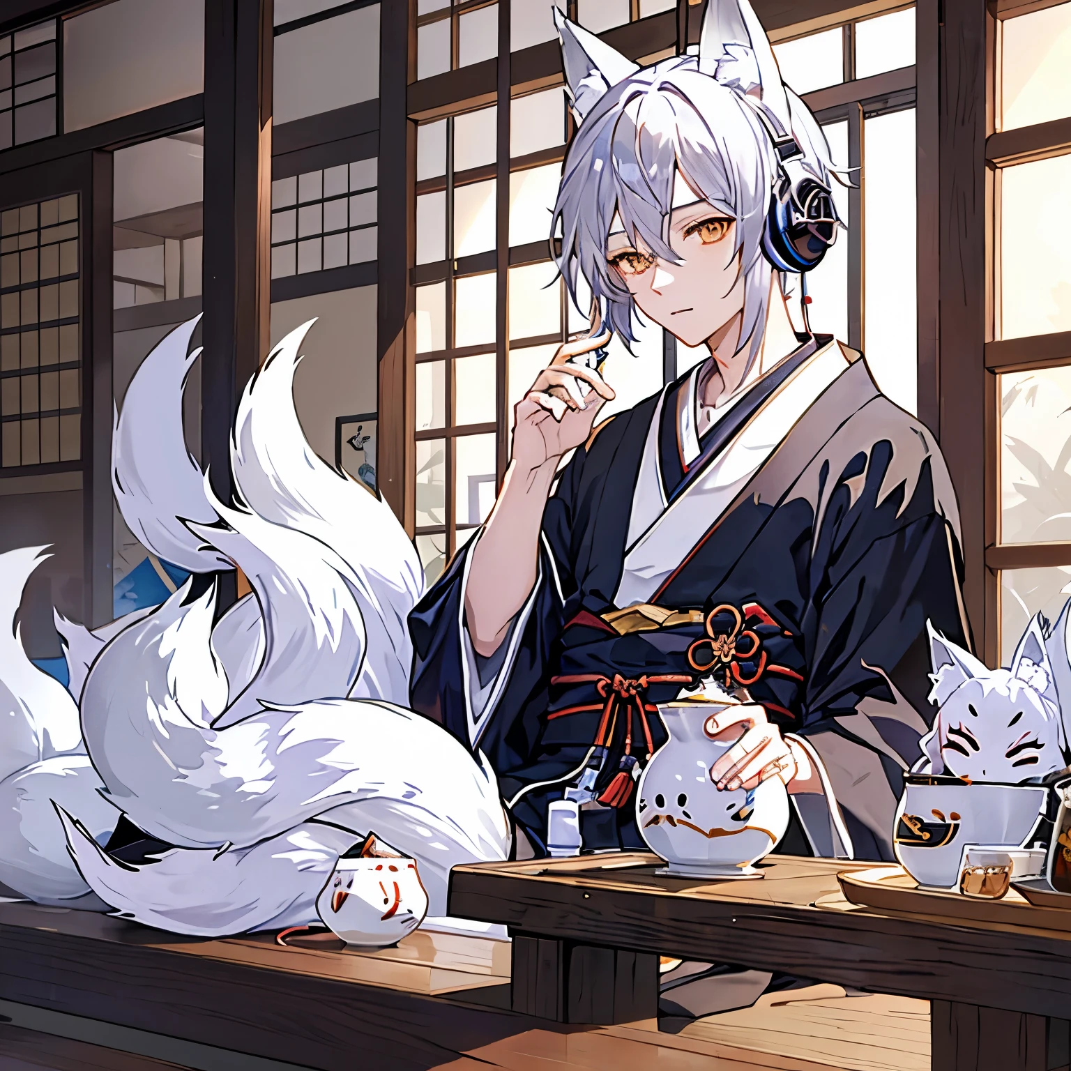 one person、handsome、Listening to music with headphones in a traditional Japanese cafe、one person、((male))、((Fox ears))、Silver Hair、Fox ears、Fox&#39;s Tail、kimono、Japan、lo-fi