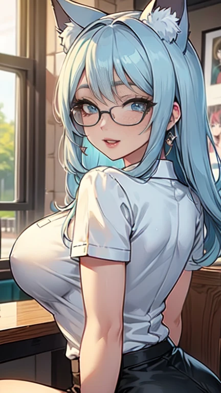 Nsfw,Masterpiece, beautiful art, professional artist, 8k, art style by sciamano240, very detailed face, detailed hair, detailed clothes, detailed fabric, 1girl, perfectly drawn body, beautiful face, long hair, light blue hair , very detailed blue cat eyes, big smile, wearing trendy office clothes, black thigh boots, black pencil skirt, glasses, rosey cheeks, coffee shop setting, model headshot , zoom in face, show details in eyes, upclose view, looking at viewer, excited expression,