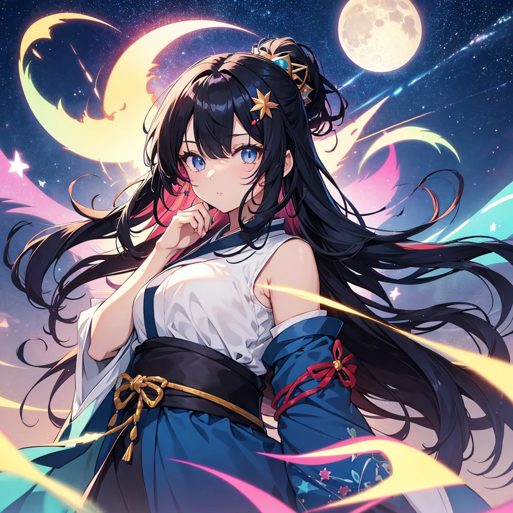 anime、Vibrant colors、Cool beauty、27 years old、Black Hair、Long Hair、Straight Hair、The bangs are cut above the eyebrows、Narrow eyes、Slanted Eyes、Bright eyes、Sparkling eyes、Large Breasts、Night Sky、Many Stars、Strong winds、Vivid Kimono、Hair ornament in the shape of the moon