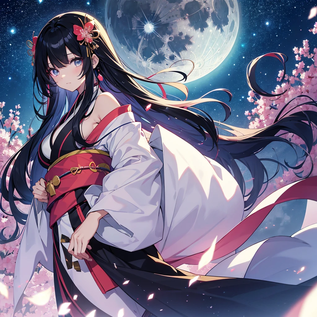 anime、Vibrant colors、Cool beauty、27 years old、Black Hair、Long Hair、Straight Hair、The bangs are cut above the eyebrows、Narrow eyes、Slanted Eyes、Bright eyes、Sparkling eyes、Large Breasts、Night Sky、Many Stars、Strong winds、Vivid Kimono、Hair ornament in the shape of the moon