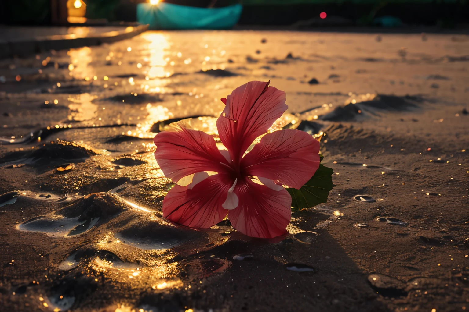 hibiscus Moon with water drops,neon glow, random background, sun rise, bokha mood