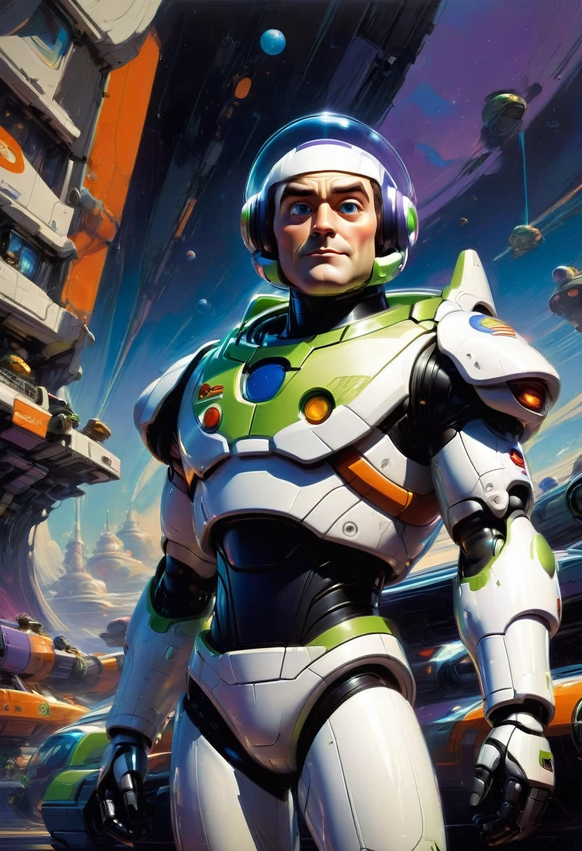 Buzz Lightyear, by Syd Mead, best quality, masterpiece, very aesthetic, perfect composition, intricate details, ultra-detailed