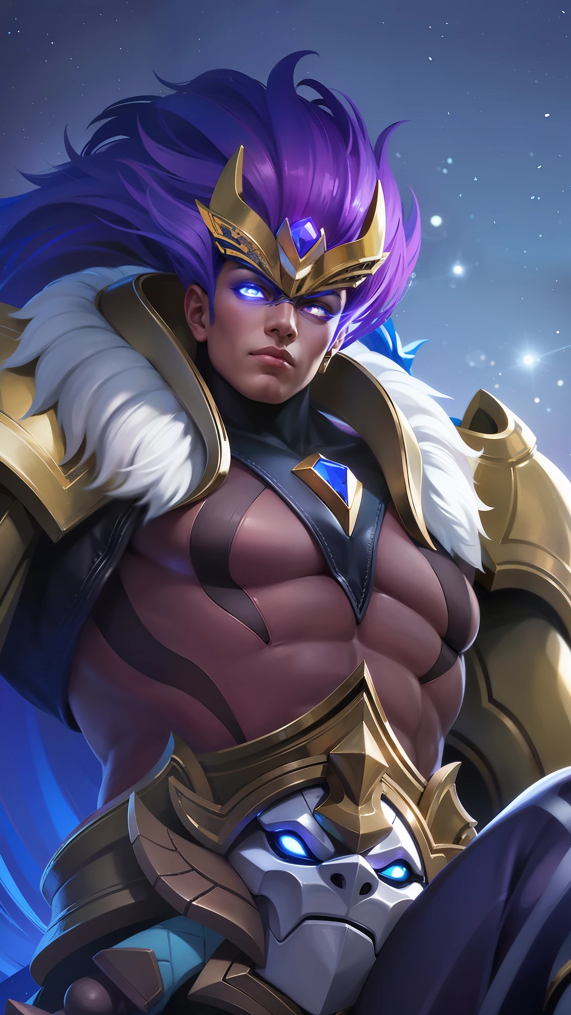 a male with a purple hair and a gold outfit, Best quality, masterpiece, detailed skin texture, detailed clothes texture, detailed face, super detailed, 8k, intricate detail, The color doesn't change, Muscle guy, 1 male, angry, lights eyes, shining blue eyes.