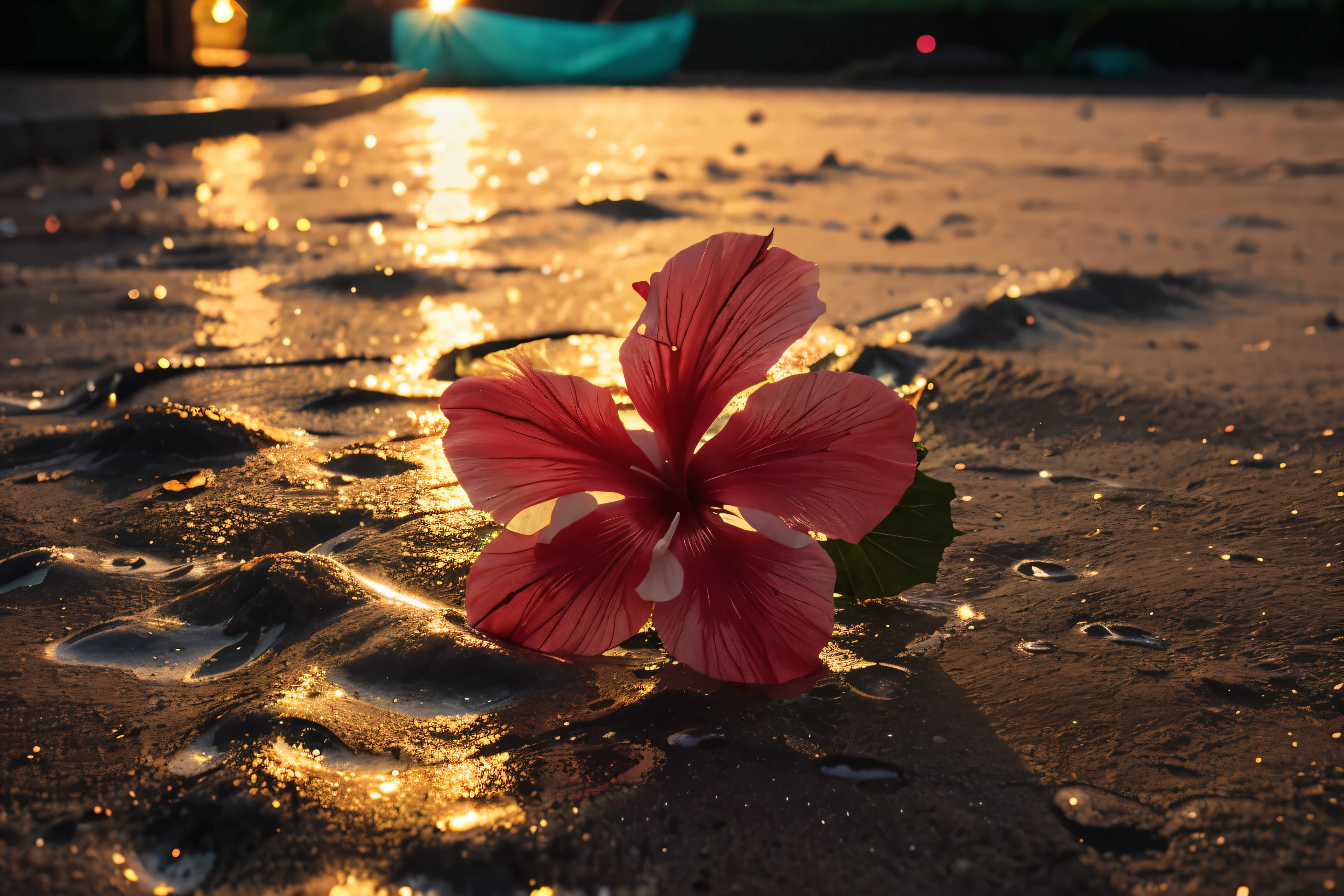 hibiscus Moon with water drops,neon glow, random background, sun rise, bokha mood