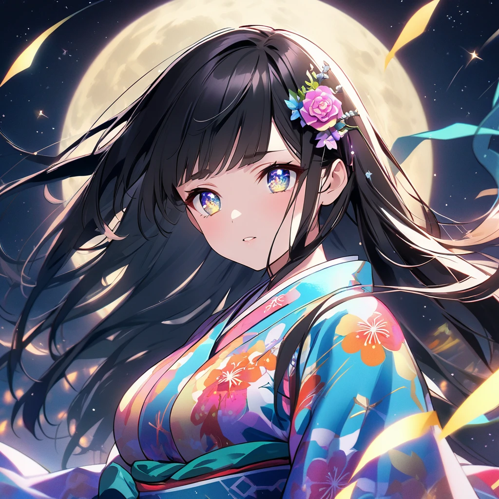 anime、Vibrant colors、Cool beauty、27 years old、Black Hair、Long Hair、Straight Hair、The bangs are cut above the eyebrows、Narrow eyes、Slanted Eyes、Bright eyes、Sparkling eyes、Large Breasts、Night Sky、Many Stars、Strong winds、Vivid Kimono、Hair ornament in the shape of the moon