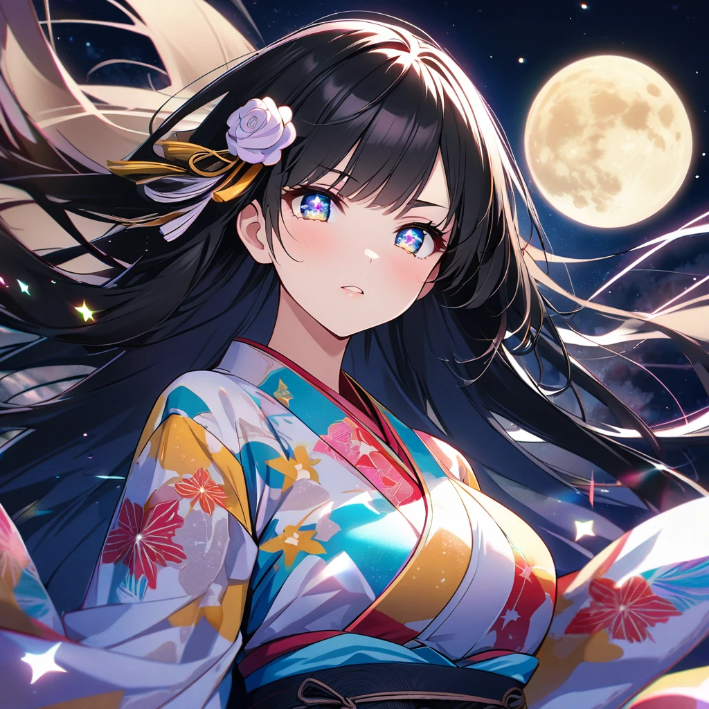 anime、Vibrant colors、Cool beauty、27 years old、Black Hair、Long Hair、Straight Hair、The bangs are cut above the eyebrows、Narrow eyes、Slanted Eyes、Bright eyes、Sparkling eyes、Large Breasts、Night Sky、Many Stars、Strong winds、Vivid Kimono、Hair ornament in the shape of the moon