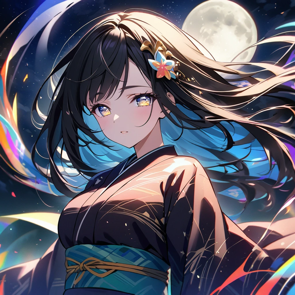 anime、Vibrant colors、Cool beauty、27 years old、Black Hair、Long Hair、Straight Hair、The bangs are cut above the eyebrows、Narrow eyes、Slanted Eyes、Bright eyes、Sparkling eyes、Large Breasts、Night Sky、Many Stars、Strong winds、Vivid Kimono、Hair ornament in the shape of the moon