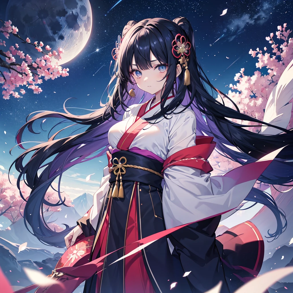 anime、Vibrant colors、Cool beauty、17 years old、Black Hair、Long Hair、Straight Hair、The bangs are cut above the eyebrows、Narrow eyes、Slanted Eyes、Bright eyes、Sparkling eyes、Large Breasts、Night Sky、Many Stars、Strong winds、Vivid Kimono、Hair ornament in the shape of the moon