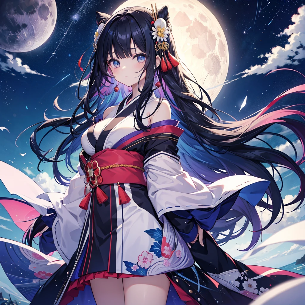 anime、Vibrant colors、Cool beauty、17 years old、Black Hair、Long Hair、Straight Hair、The bangs are cut above the eyebrows、Narrow eyes、Slanted Eyes、Bright eyes、Sparkling eyes、Large Breasts、Night Sky、Many Stars、Strong winds、Vivid Kimono、Hair ornament in the shape of the moon