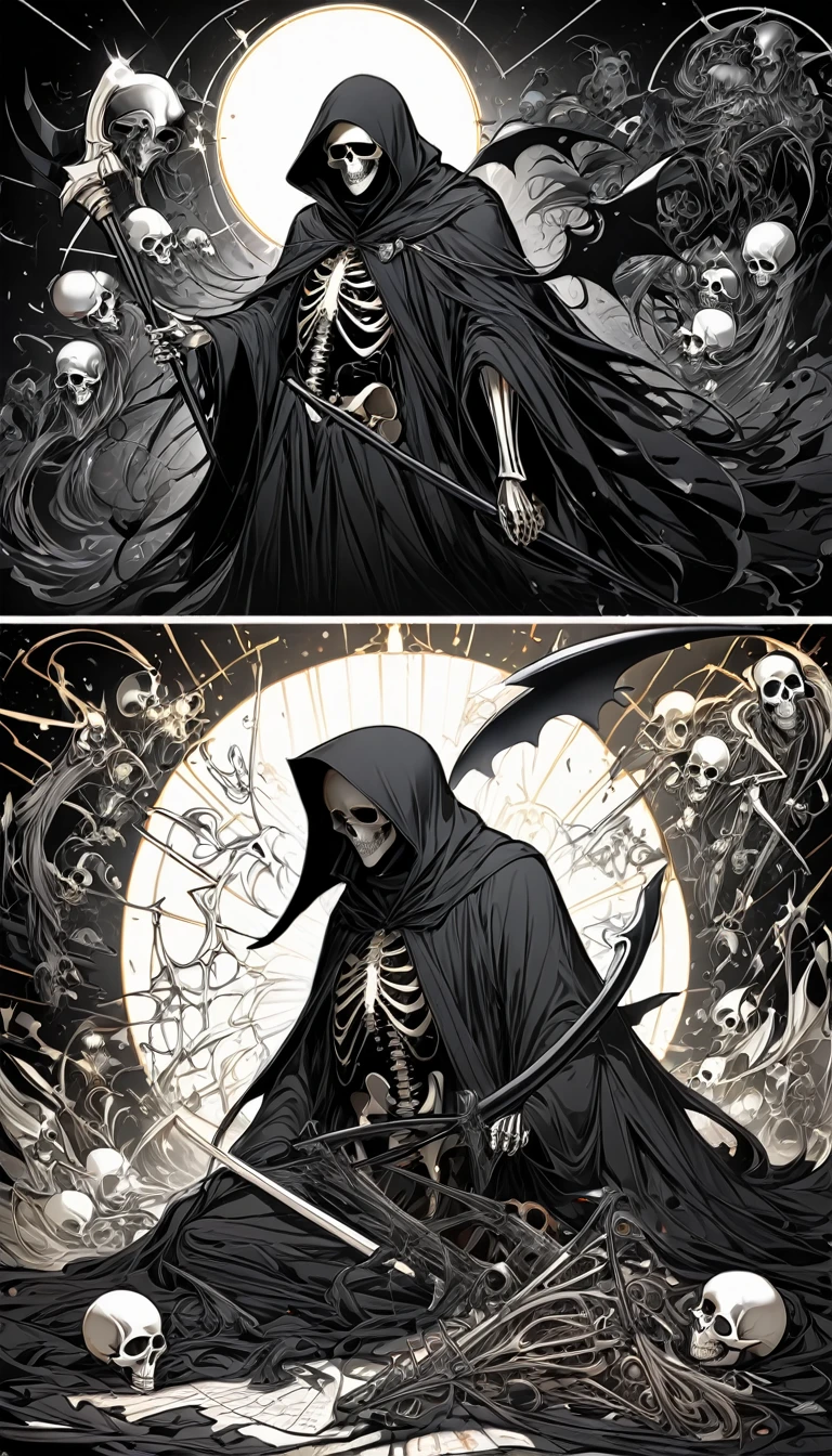 rare piece of art, best quality, super fine, 16k, incredibly absurdres, extremely detailed, delicate and dynamic, piece that is all black, white line art, black death, black grim reaper, disassembled diagram of the Black Grim Reaper, darkness, despair, a ray of light