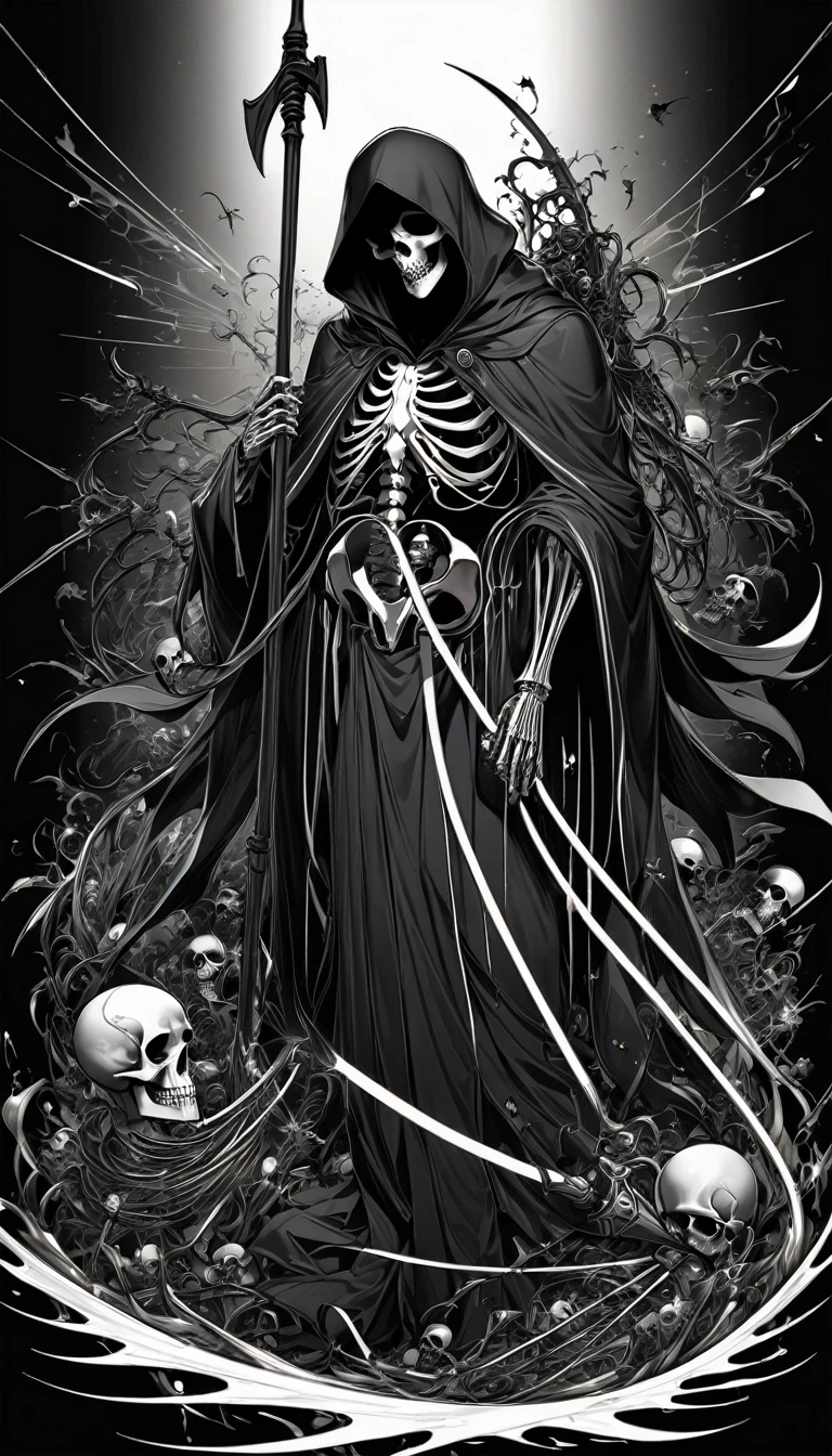 rare piece of art, best quality, super fine, 16k, incredibly absurdres, extremely detailed, delicate and dynamic, piece that is all black, white line art, black death, black grim reaper, disassembled diagram of the Black Grim Reaper, darkness, despair, a ray of light