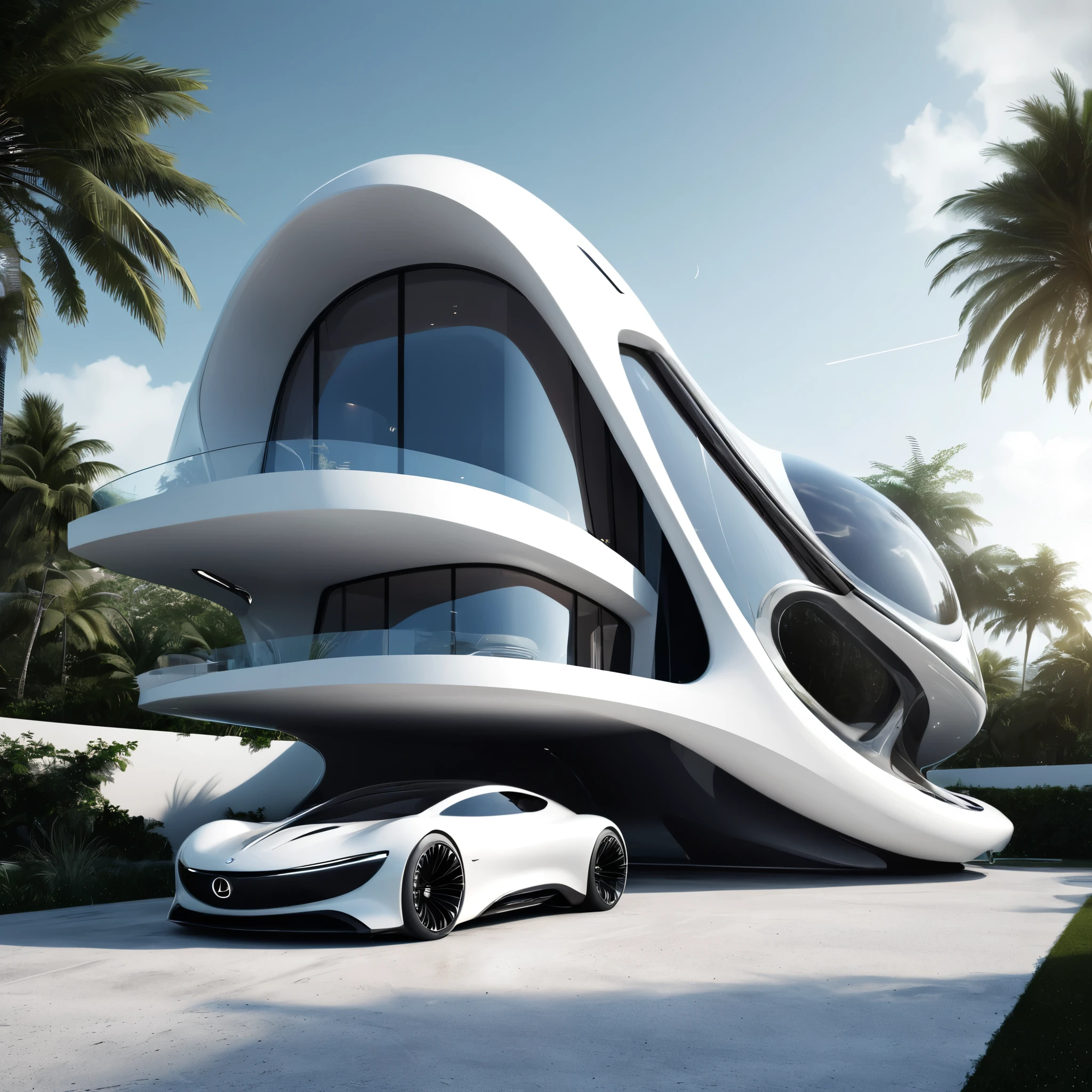 a futuristic house with a car parked in front of it, cgsocietywlop, beautiful curves, intricate devilish designs, qualia, interesting shapes & form, wow factor, elaborate polished, architectural rendering, miami, futuristic battlefield, inspired by James E. Brewton, precise architectural rendering
