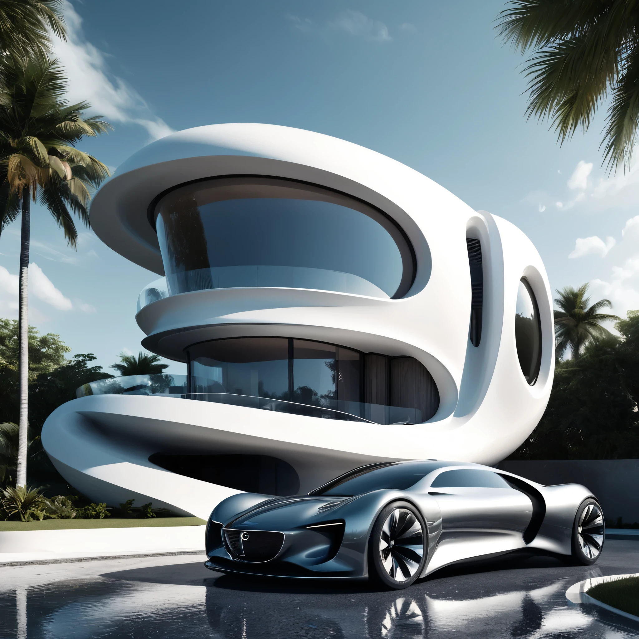 a futuristic house with a car parked in front of it, cgsocietywlop, beautiful curves, intricate devilish designs, qualia, interesting shapes & form, wow factor, elaborate polished, architectural rendering, miami, futuristic battlefield, inspired by James E. Brewton, precise architectural rendering