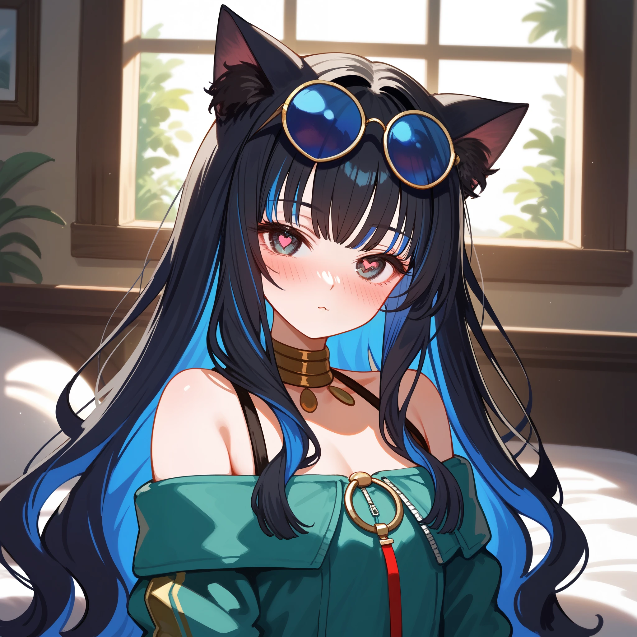 1girl, long hair, cat ears, black cat ears, portrait, heart eyes, multicolored hair, black hair, sidelocks, blue hair, wavy hair, eyeliner, jewelry, o-ring, neck ring, buttons, round sunglasses, glasses on head, bracelet, bare shoulders, green jacket, off shoulder, zipper, horny, closed mouth, looking at viewer, blush, indoors, bedroom, window, sunrays, hearts, masterpiece, score_9, score_8_up, score_7_up