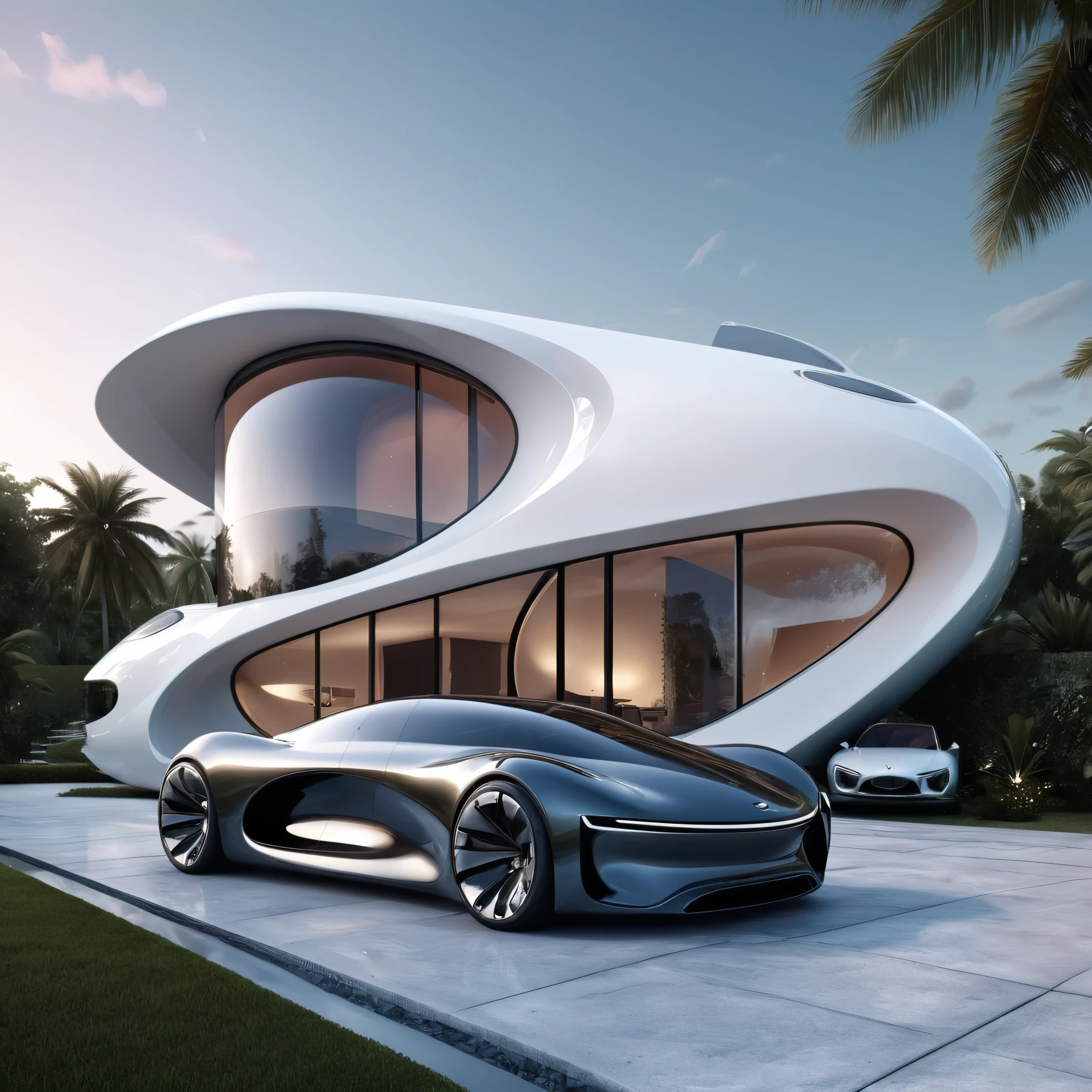 a futuristic house with a car parked in front of it, cgsocietywlop, beautiful curves, intricate devilish designs, qualia, interesting shapes & form, wow factor, elaborate polished, architectural rendering, miami, futuristic battlefield, inspired by James E. Brewton, precise architectural rendering