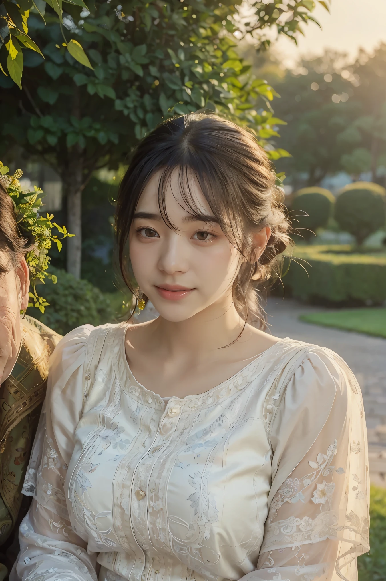 a romantic scene of an elderly woman and a young man, photorealistic, highly detailed, warm lighting, soft focus, cinematic composition, beautiful detailed eyes, beautiful detailed lips, extremely detailed eyes and face, long eyelashes, elegant fashion, tender embrace, serene countryside landscape, golden hour lighting, lush greenery, picturesque, dreamlike, soft pastel colors, masterpiece