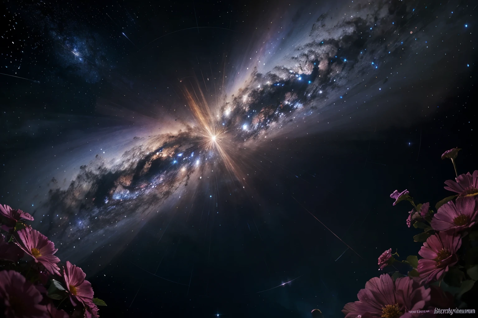 A breathtaking celestial scene unfolds before us in vivid detail: a multitude of brilliant stars twinkling against a deep indigo backdrop, while vibrant flowers of different hues emit a dazzling, almost ethereal light. This awe-inspiring image is a high-quality, ultra-high definition CG art piece, rich in detail and complexity. The colors are rich and vibrant, the details intricate and precise, drawing the viewer in with its mesmerizing beauty.