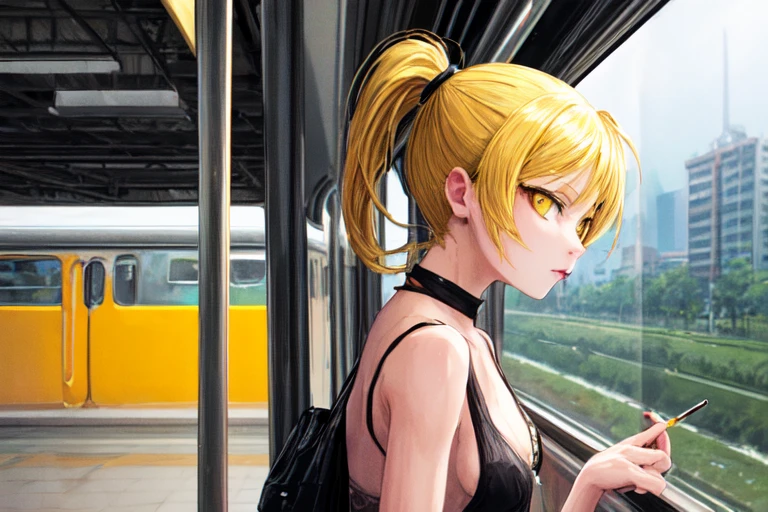 masterpiece, highest quality, One girl, cigarette, Take the train,
Breaking Yellow High Ponytail Breaking Yellow Eyes
 