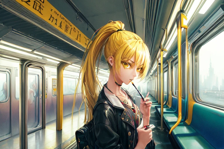 masterpiece, highest quality, One girl, cigarette, Take the train,
Breaking Yellow High Ponytail Breaking Yellow Eyes
 