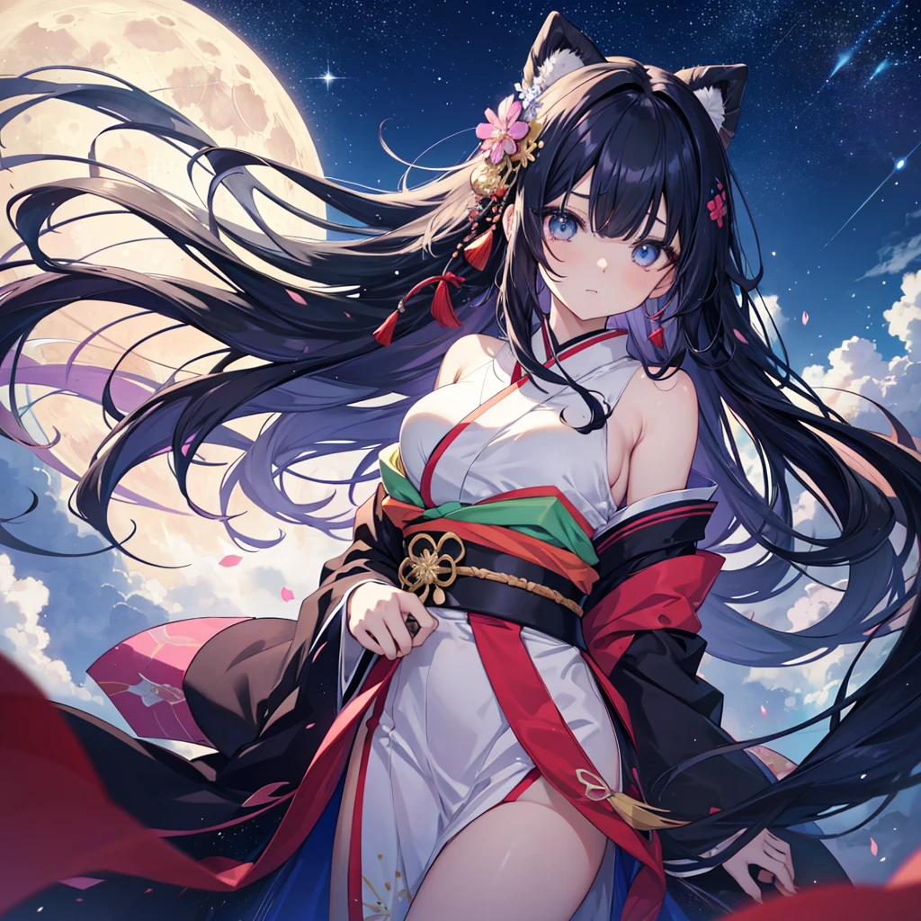 anime、Vibrant colors、Cool beauty、27 years old、Black Hair、Long Hair、Straight Hair、The bangs are cut above the eyebrows、Narrow eyes、Slanted Eyes、Bright eyes、Sparkling eyes、Large Breasts、Night Sky、Many Stars、Strong winds、Vivid Kimono、Hair ornament in the shape of the moon