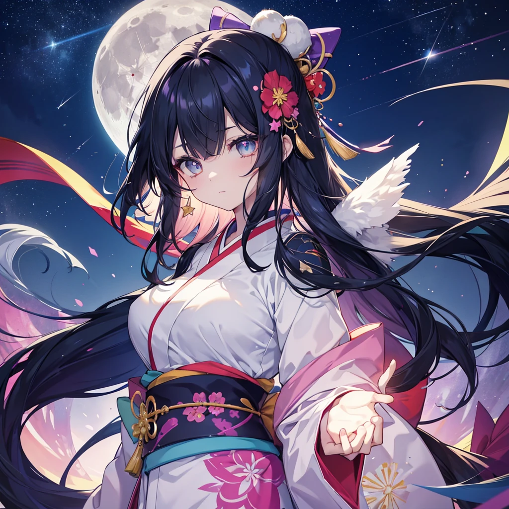 anime、Vibrant colors、Cool beauty、27 years old、Black Hair、Long Hair、Straight Hair、The bangs are cut above the eyebrows、Narrow eyes、Slanted Eyes、Bright eyes、Sparkling eyes、Large Breasts、Night Sky、Many Stars、Strong winds、Vivid Kimono、Hair ornament in the shape of the moon