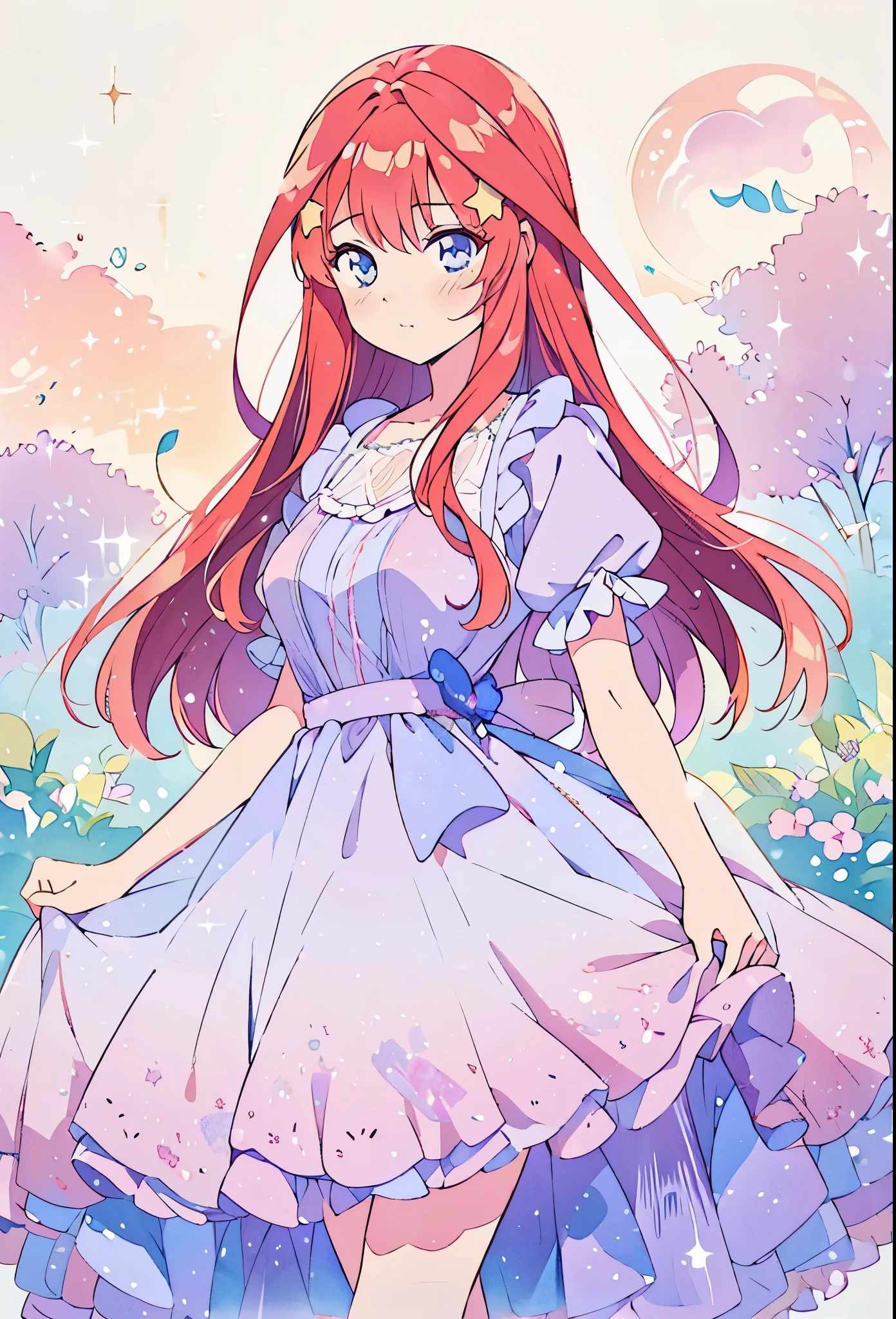 Pastel illustration, lilac them itsuki nakano, standing 3/4, looking at viewer, soft standing pose, cowboy shot, wearing a lilac dress, blue eyes, flong fluffy red hair, star hairclips, nakano_itsuki, simple lilac dress, higher quality, soft vivid colours, , lovely, splendid, delicacy, 4k, extremely detailed, sparkling eyes, perfect face, soft smile, sweet face, lovely, watercolor paiting, Ultra Detail, , soft pastel colours, pastel, aesthetic, beautiful girl, gradient lilac ballgown, minimal lilac themed background, watercolor illustration, disney art style, standing, looking at viewer, beautiful, masterpiece, best qualityr, blue eyes beautiful girl, gradient lilac ballgown, flowing red hair, minimal lilac themed background, watercolor illustration, disney art style, standing, looking at viewer, flowing glowing hair, fantasia otherworldly landscape, beautiful, masterpiece, best quality,