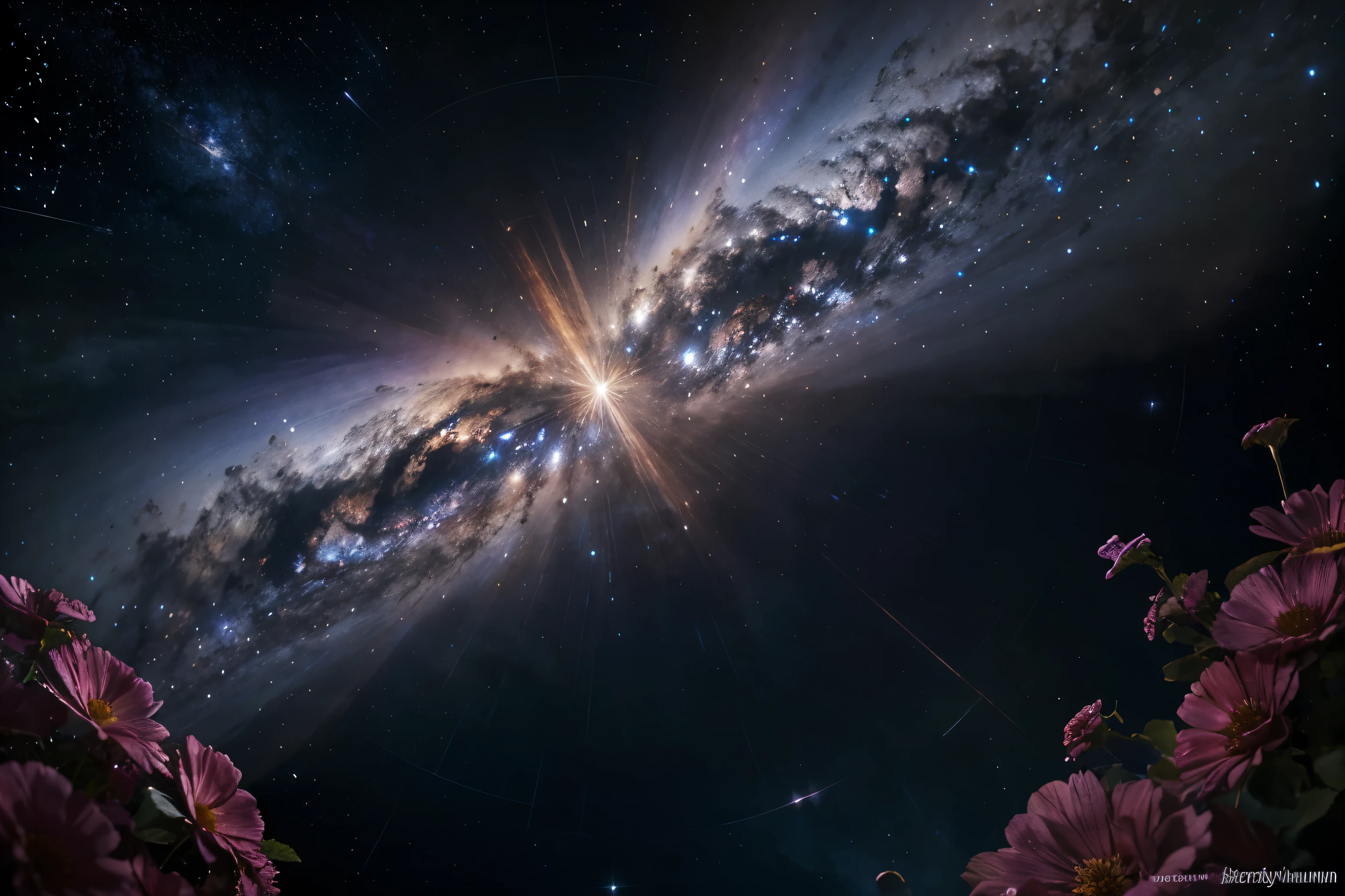 A breathtaking celestial scene unfolds before us in vivid detail: a multitude of brilliant stars twinkling against a deep indigo backdrop, while vibrant flowers of different hues emit a dazzling, almost ethereal light. This awe-inspiring image is a high-quality, ultra-high definition CG art piece, rich in detail and complexity. The colors are rich and vibrant, the details intricate and precise, drawing the viewer in with its mesmerizing beauty.