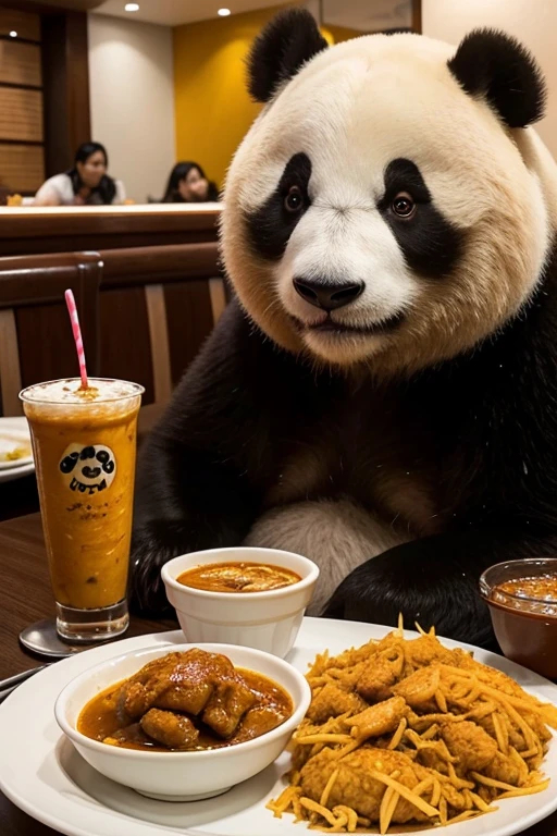 Capture the heartwarming moment of a fluffy giant panda sitting at an Indian restaurant table, The restaurant was packed, Enjoy a plate of nasi lemak, Fried chicken, And a glass of iced Milo. The panda's face should be filled with pure happiness and surprise, Eat a bite of nasi lemak, It was like tasting this beloved Malaysian dish for the first time, 4k