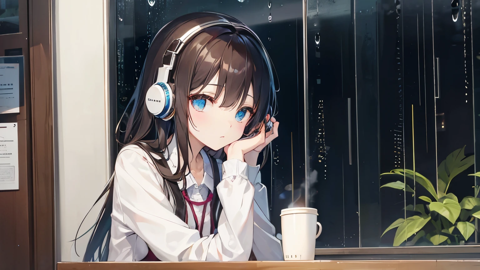 Staring at the rain outside the window in a coffee shop、Beautiful girl wearing headphones