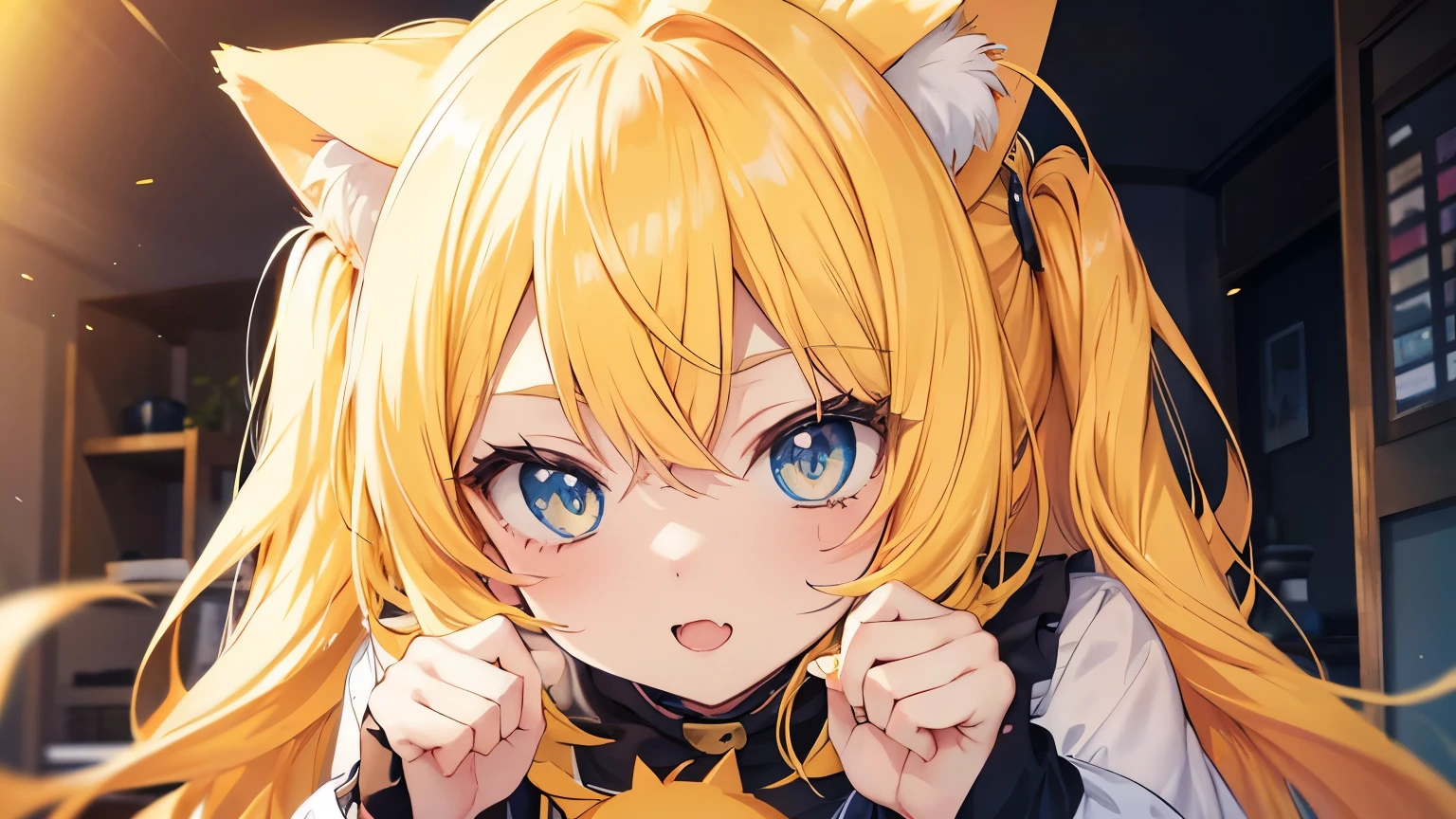 Anime cat girl with yellow hair and blue eyes, cute and naughty.